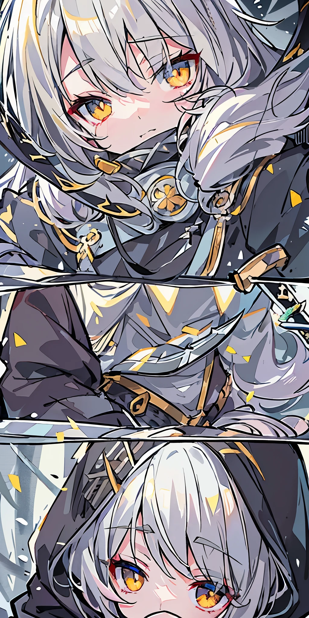 long hair、cute、white stockings、Heart-shaped pupils、solo、gray hair、winter、snow、outdoor、(((golden eyes)))、Ahoge、(((Black hoodie)))、head covering、With weapons、(((((battle)))))、 cold look、 Filmography、 ((((((knife))))))、 village、((((Show the whole body))))、
