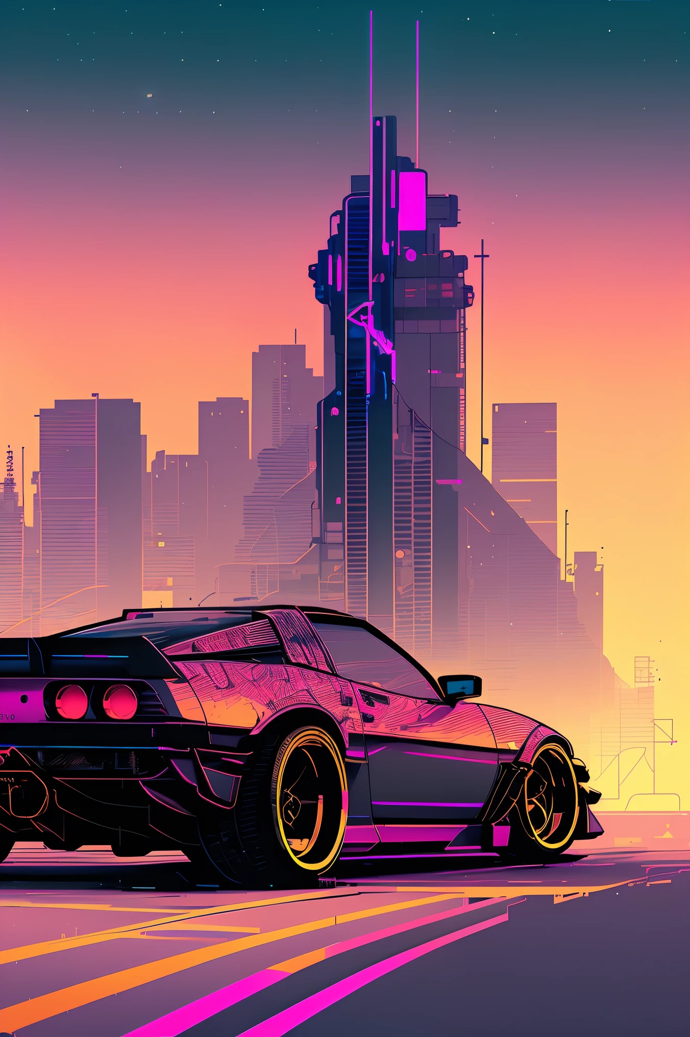 (nvinkpunk:1.2) (snthwve style:0.8) corvette, lightwave, sunset, intricate, highly detailed