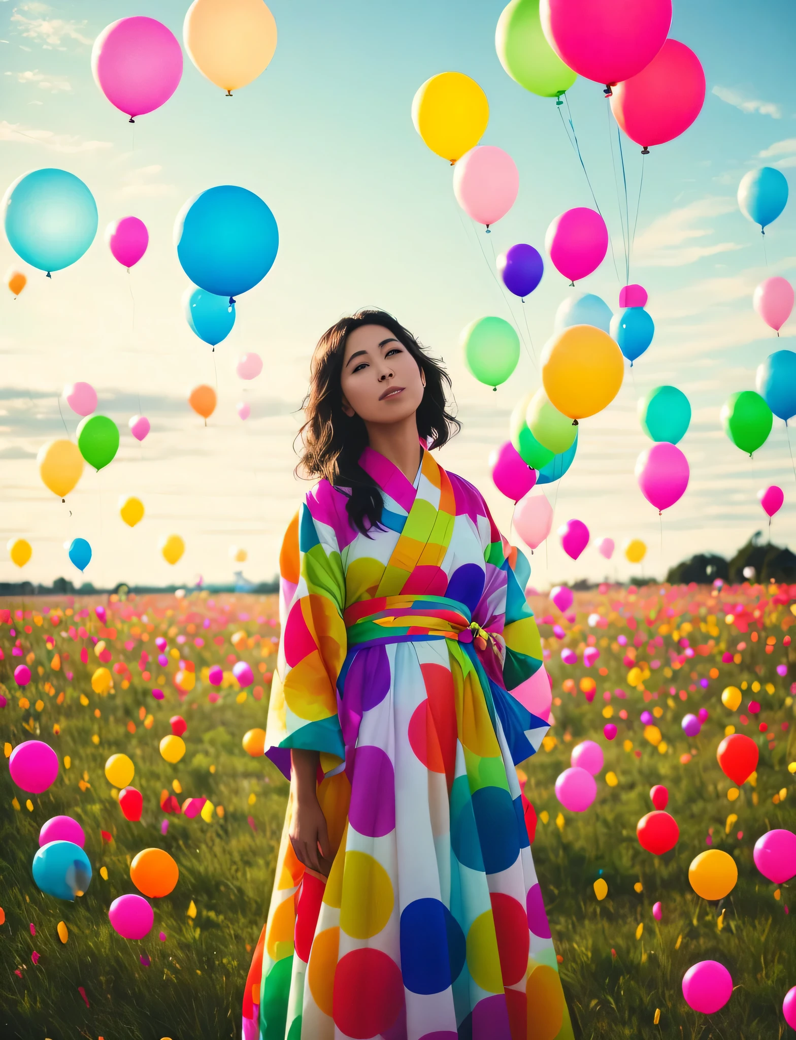 araffe woman in a colorful dress standing in a field with balloons, Express joy. Krenz Kushart, wearing rainbow kimono, colorful dream, colorful photo, suspended particles, colorful mood, happy girl, inspired by Oleg Oprisco, baloons, colorful]」, wearing a colorful yukata, portrait happy colors, lots of colors