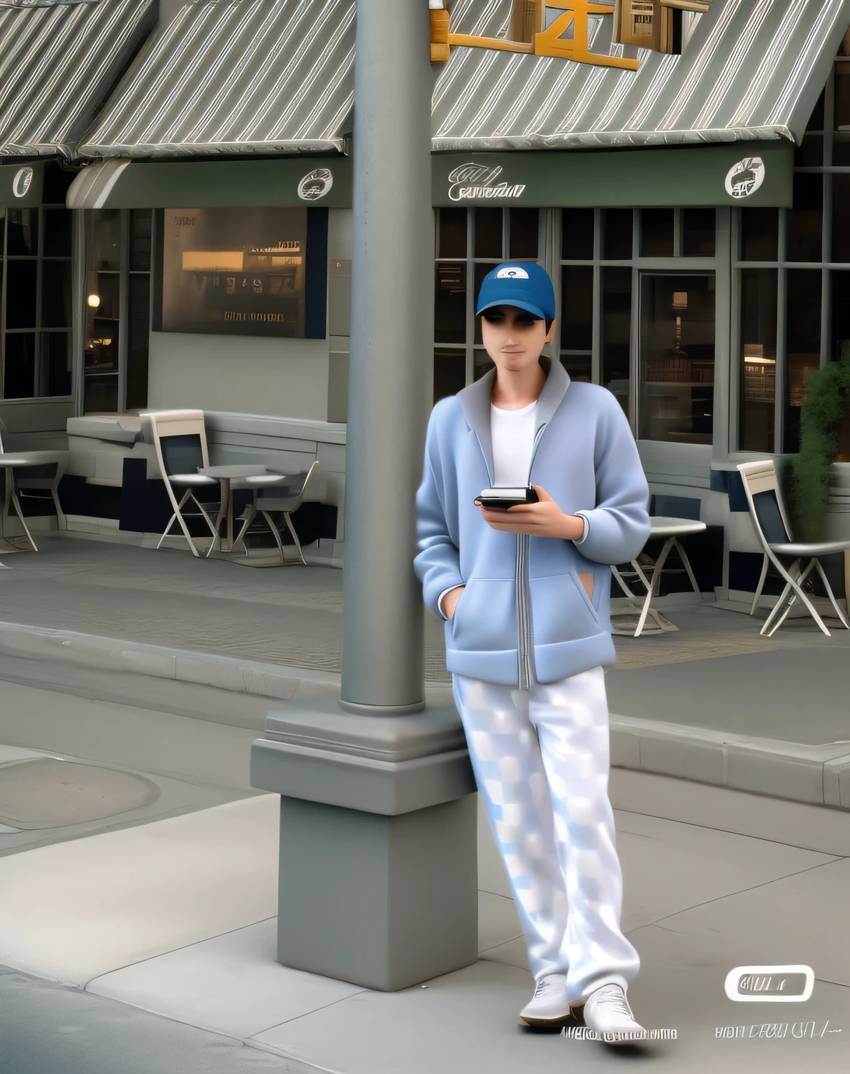 arafed man standing on sidewalk using his cell phone, standing on street corner, In a roadside cafe, Wearing a parka, looking at his phone, wearing white pajamas, wearing white clothes, On the streets of the city, 站On the streets of the city, on sidewalk, Taken in the early 2020s, on sidewalk, street photos, New York City，best quality, masterpiece, Very detailed, Super detailed，film photography