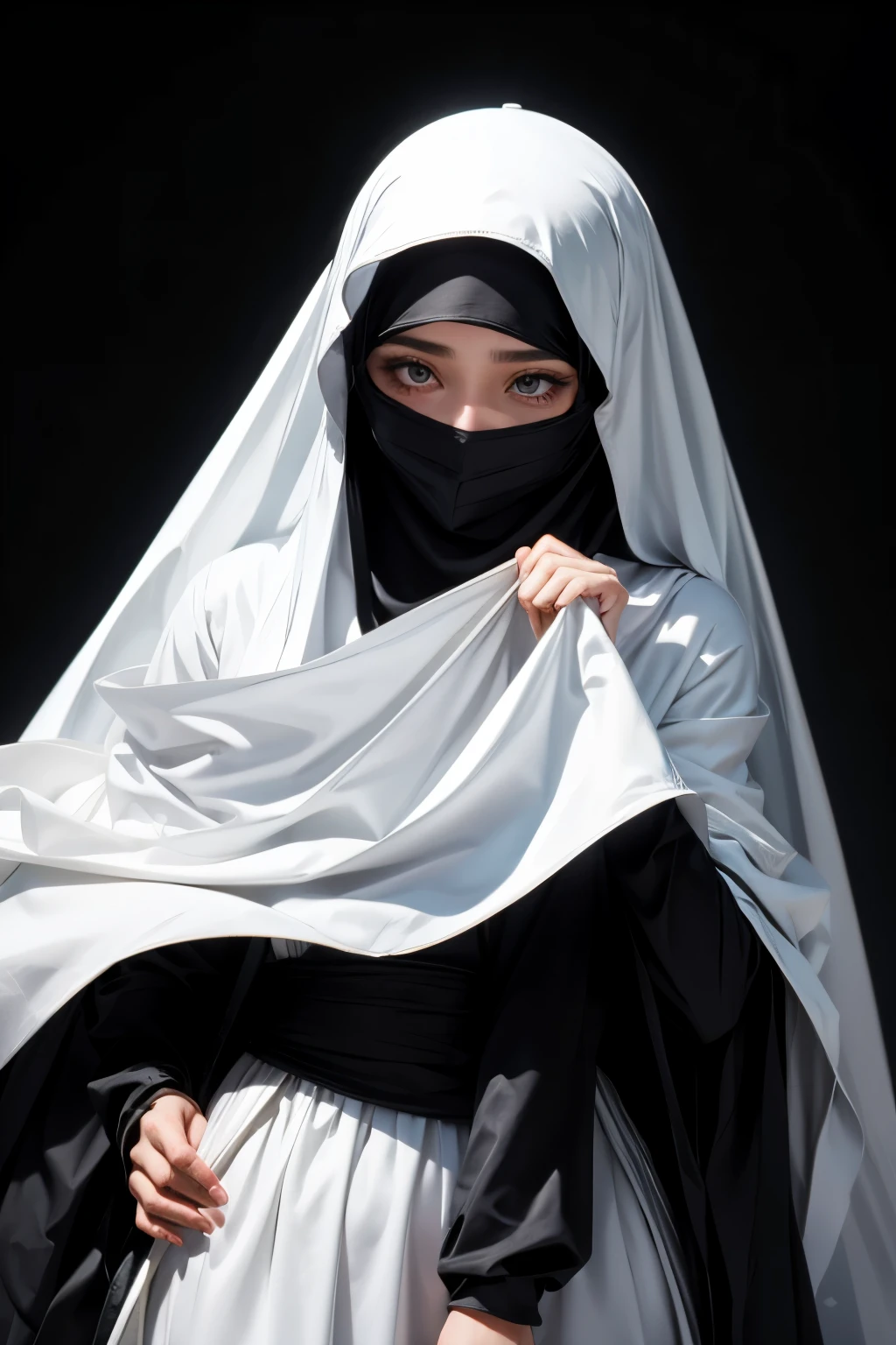 She wears a veil that hides her face.white black Muslim clothes 、Eyes are hidden