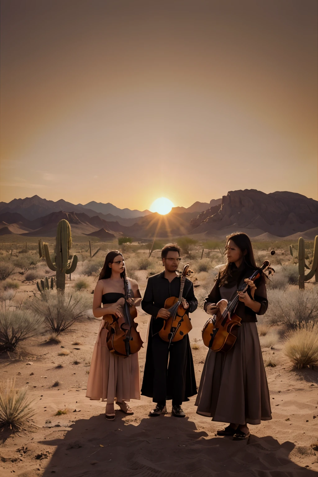 An orchestra of musicians, each holding their instruments, gathers in the vast expanse of the Sonoran desert. The sun sets behind them, casting long shadows over the sandy terrain. The desert air is filled with the melodic sounds of violins, cellos, and the rhythmic beat of the drums. The musicians are dressed in formal attire, their faces focused and serious as they play. The desert landscape adds an otherworldly and surreal backdrop to the scene, with cacti silhouetted against the orange and pink sky. The orchestra plays on, the music carrying over the desert, a moment of beauty and serenity in the midst of the natural wonder. The high-definition image