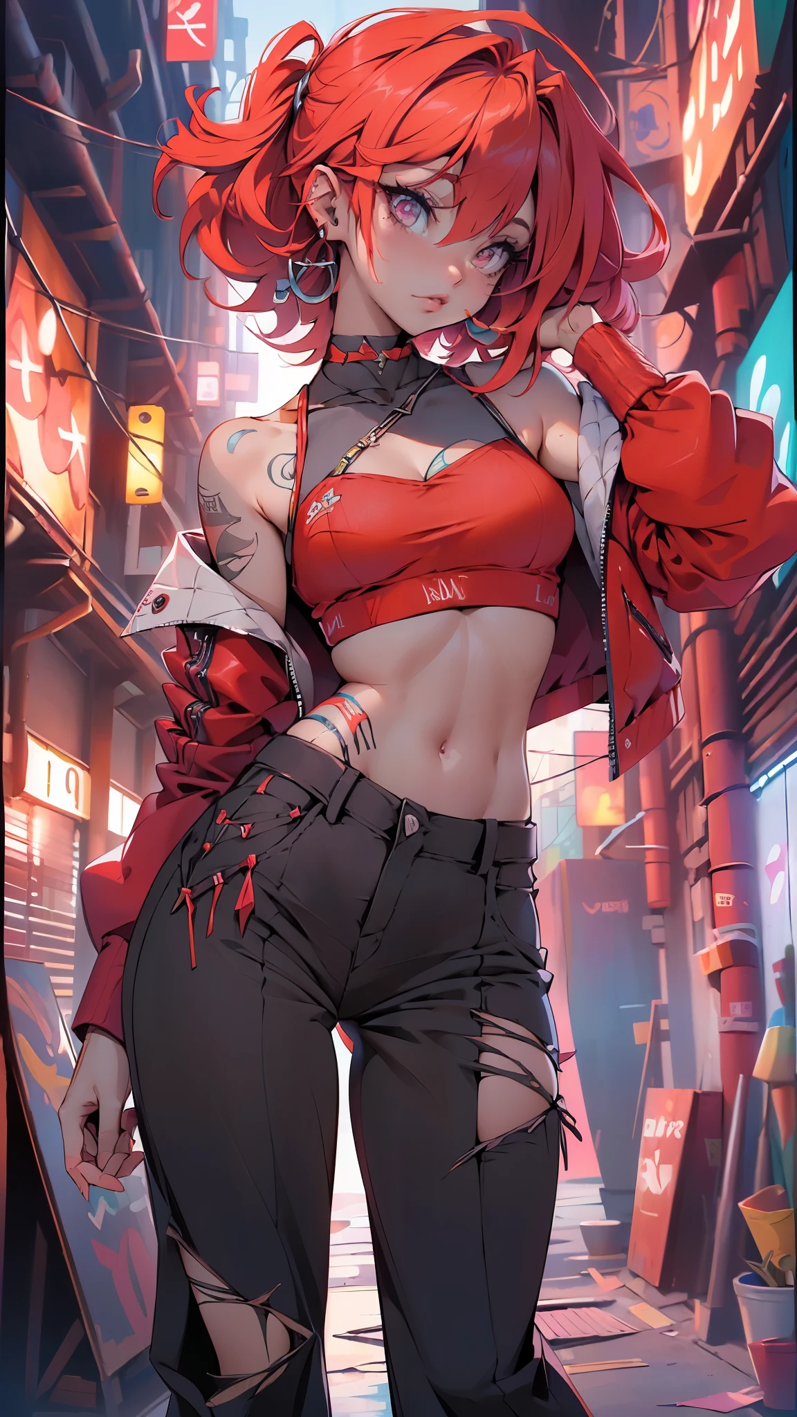 (La mejor calidad,A high resolution,Ultra - detallado,actual),Ariana Grande, cyber style , solo, Cabello rosa largo y desordenado, tatuaje tribal, (PANTALONES ROJOS HOLGADOS:1.4), fondo borroso,,More detailed 8K.motor irreal:1.4,UHD,La mejor calidad:1.4, fotorrealista:1.4, textura de la piel:1.4, obra maestra:1.8,obra-prima, mejor calidad,objeto Objeto], (detailed face features:1.3), (ciberpunk 2.1),( dedos hermosos detallados), (pantalon color rojo:1.4), (perfect anatomy),( pose vaquero), (non mutation anatomy) 