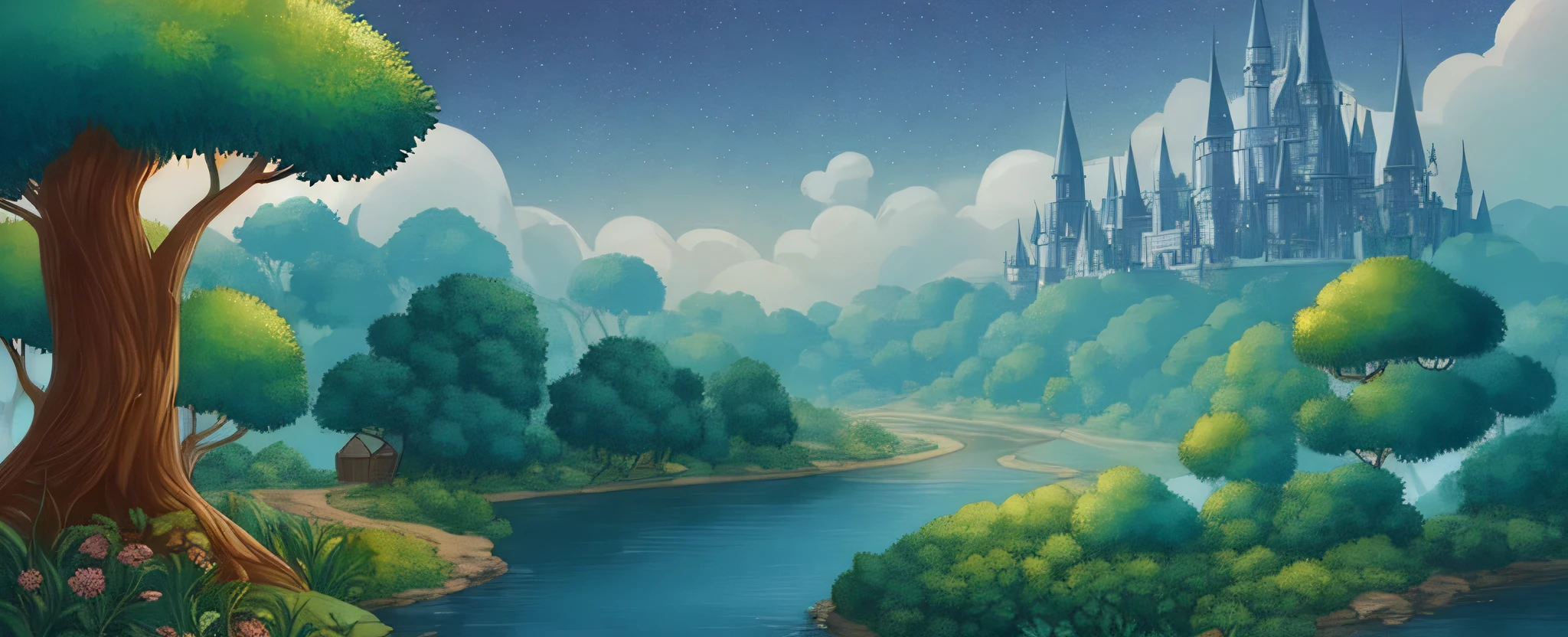 a cartoon illustration of a river with musical notes and trees, background artwork, peaceful environment, music in the air, peaceful scenery, dreamy scene, musical, Peaceful scene, On a scenic background, magical landscape, blissful landscape, amazing background, quirky fantasy landscape art, musical notes, landscape artwork, beautiful scenery, background art, music notes, peaceful atmosphere, music