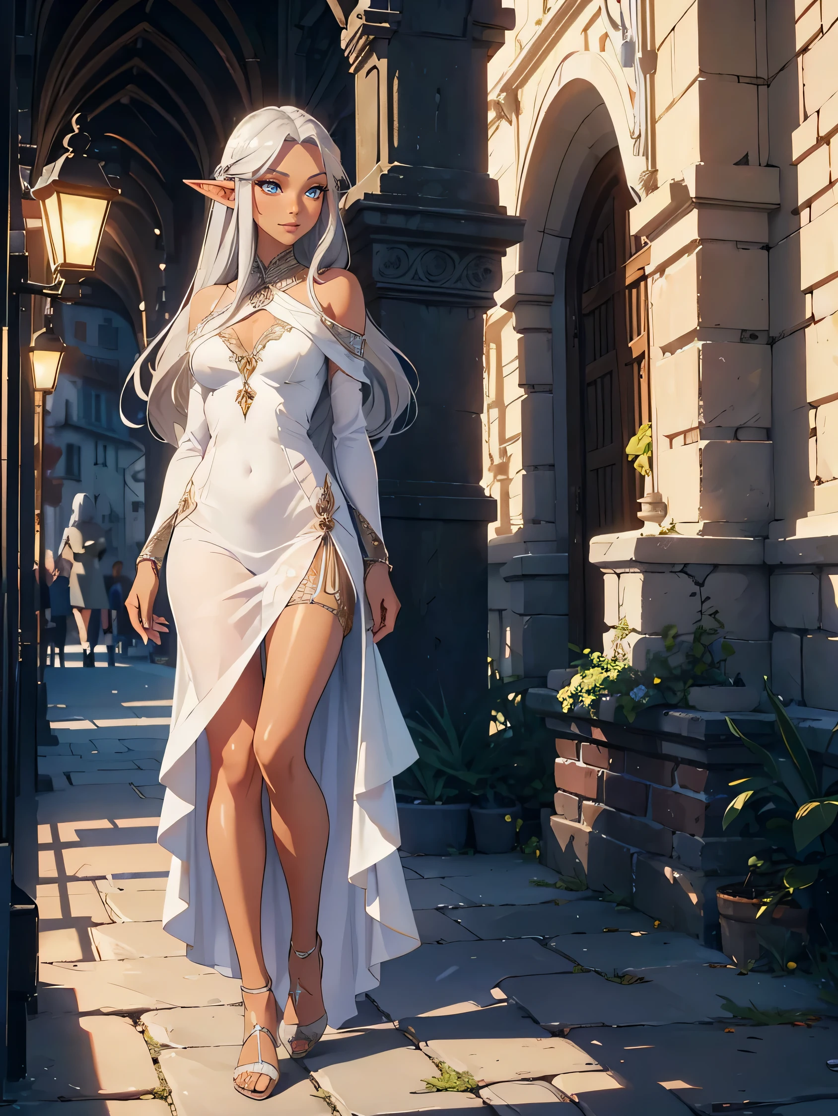 ((masterpiece)), ((HD)), ((high res)) grayish silver and gold dress, silver hair, tall elf dark girl, ((dark brown skin)), playing the lyre on a roof, night, medieval city, smiling to the viewer facing forward ((full body in frame)), (slender hips), ((detailed shading)), ((beautiful render art)), ((intricate details)), feminine eyelashes, best quality, small perky sized breasts, hair bangs, perfect feminine figure, (dark brown nipples), (pussy exposed), (dark brown pussy), (remove panties), Breasts Exposed,