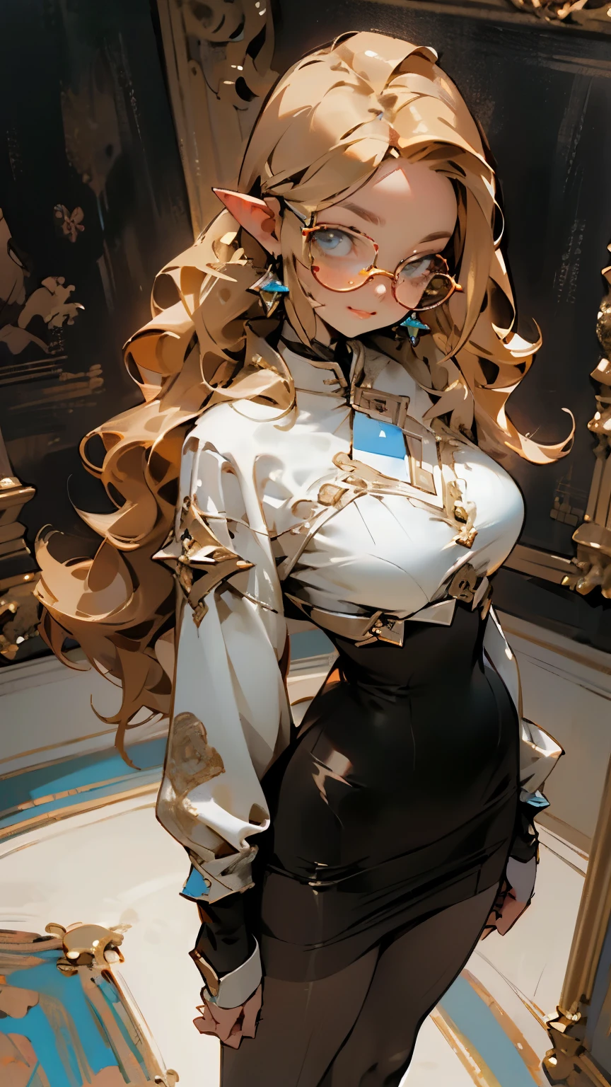 glow，masterpiece, beautiful, 4K, best quality, oil painting portrait style， cute face, big breasts,  blonde，round frame glasses，pointed ears， pantyhose,teacher，whole body，standing posture