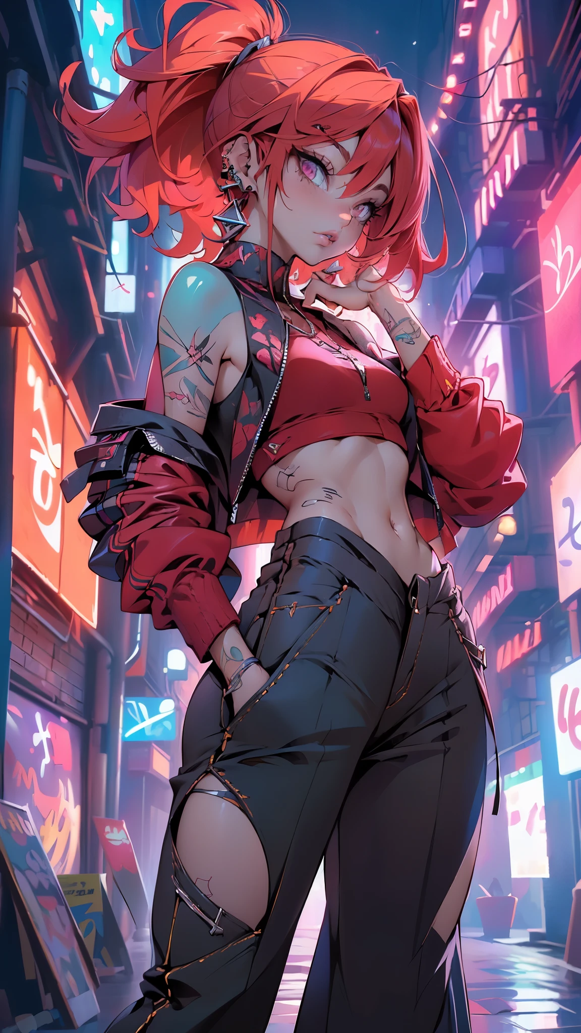 (La mejor calidad,A high resolution,Ultra - detallado,actual),Ariana Grande, cyber style , solo, Cabello rosa largo y desordenado, tatuaje tribal, (PANTALONES ROJOS HOLGADOS:1.4), fondo borroso,,More detailed 8K.motor irreal:1.4,UHD,La mejor calidad:1.4, fotorrealista:1.4, textura de la piel:1.4, obra maestra:1.8,obra-prima, mejor calidad,objeto Objeto], (detailed face features:1.3), (ciberpunk 2.1),( dedos hermosos detallados), (pantalon color rojo:1.4), (perfect anatomy),( pose vaquero), (non mutation anatomy) 