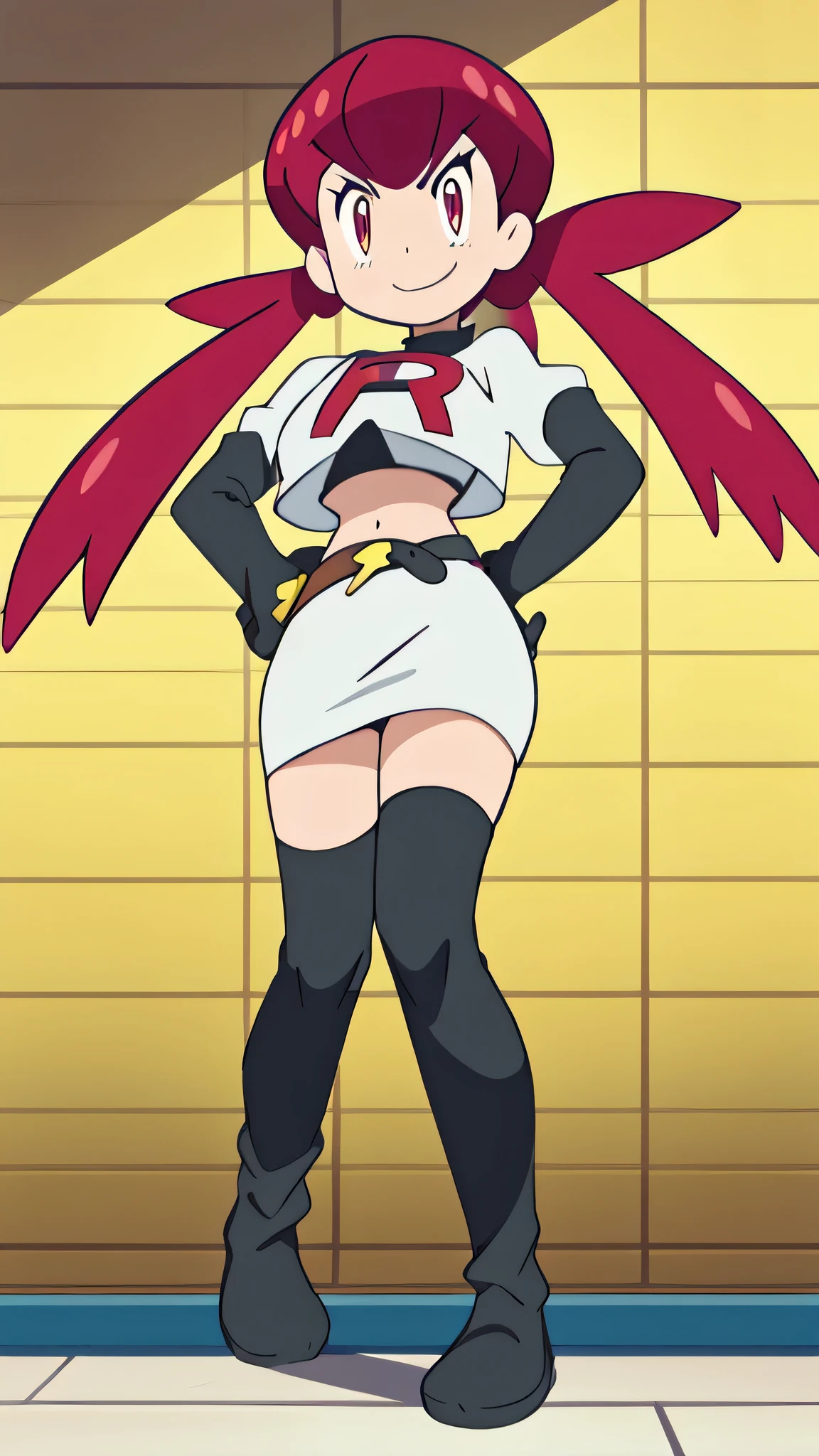 defhimiko, witch hat, 8k,1girl in, (solo:1.1), (perfect body:1.1), (best quality:1.1), very large breast, team rocket, team rocket uniform, red letter r, white skirt,white crop top,black thigh-high boots, black elbow gloves, smiling, looking down at viewer, hands on hips,zettai ryouiki,cowboy shot