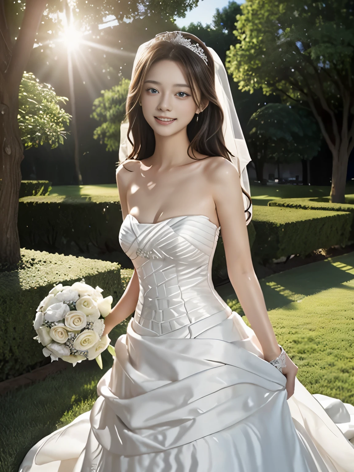 highest quality，master painting，ultra high resolution，（very realistic：1.4），simple background，blue eyes，fine eyes，sunbeam，big breasts，(((Wedding dress)))，smile