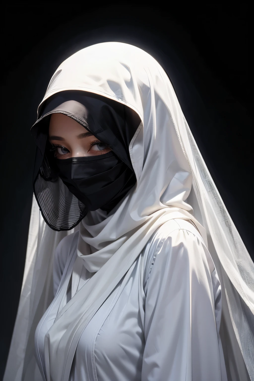 She wears a veil that hides her face.muslim white black clothes、Eyes are hidden ,