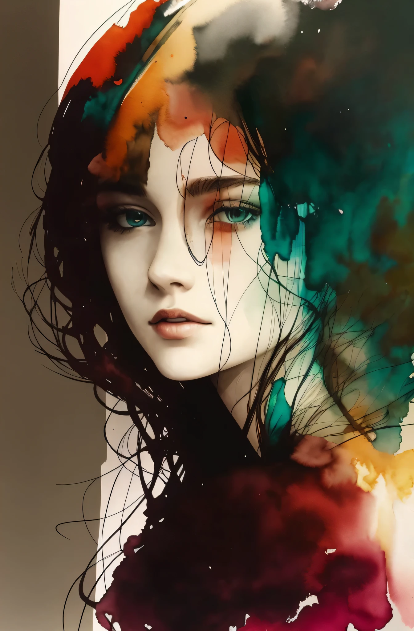 Watercolor Touch、a woman by agnes cecile, Towering forever, pale colours, ink drips, spot lights,Artistic,black and orange、mirror、