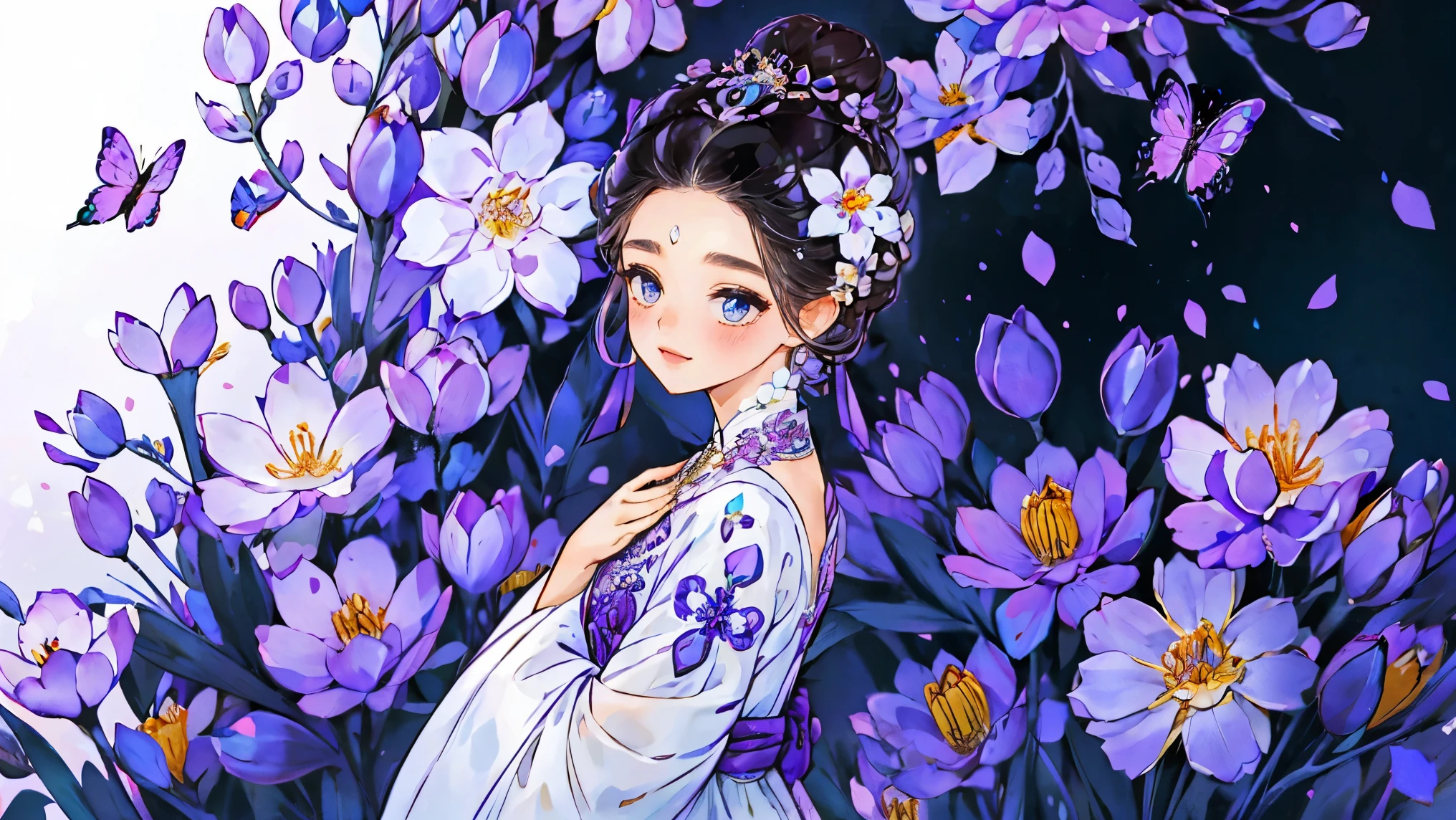 1 Sister, Alone, looking at viewert, face flushed, Background with, black hair color hair, hair adornments, longer sleeves, white backgrounid, everlasting, Full body lesbian, flowers blooming, purpleish color, hairflower, hair-bun, butterflys, tmasterpiece, recent quality, The finest details, Clear facial features, beautidful eyes