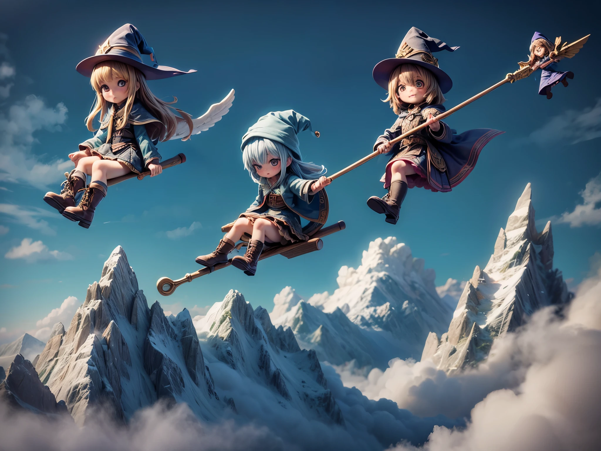 Three wizard girls are ((flying over the sky)) on broomsticks, high mountains and clouds in the background 