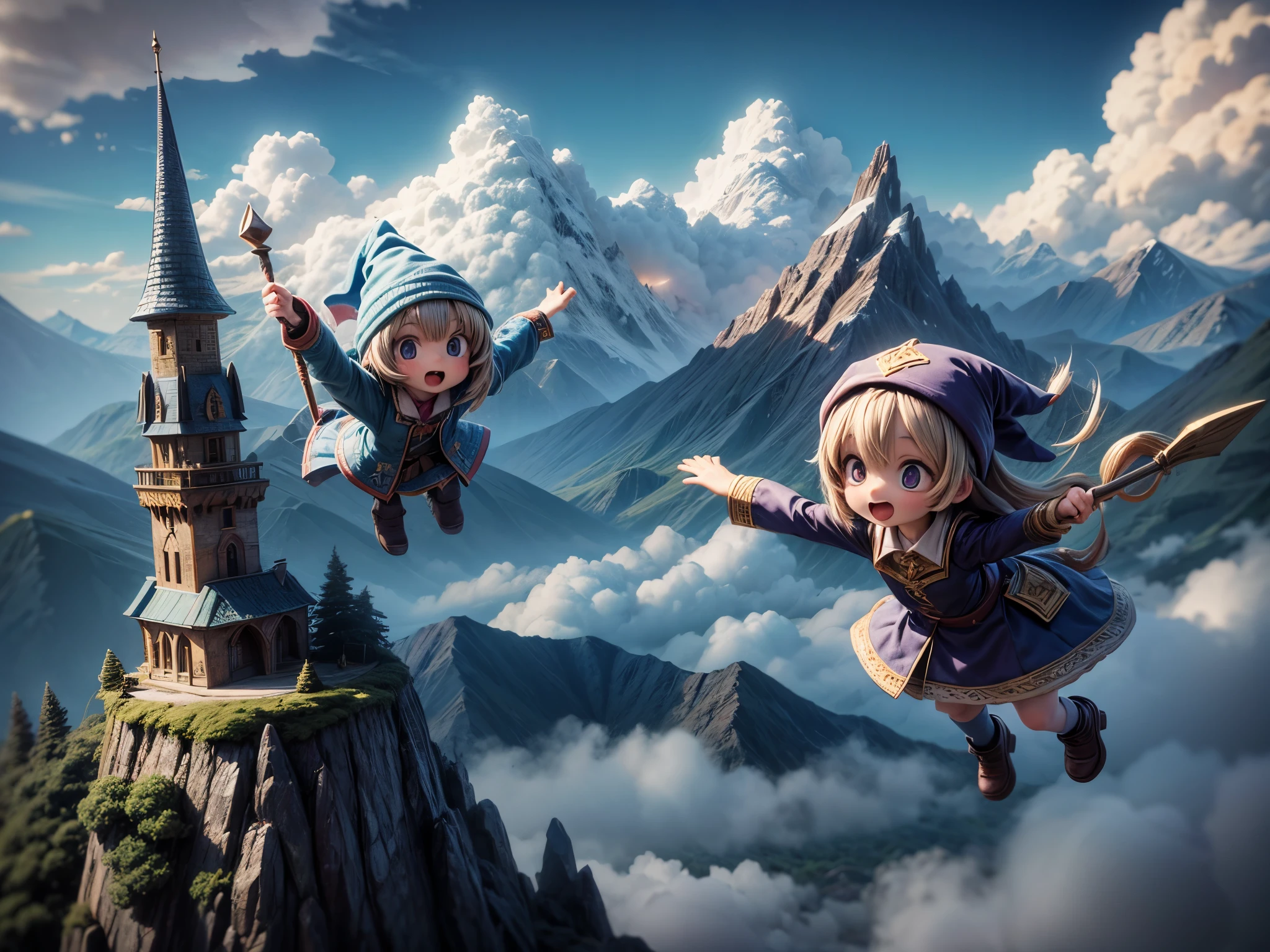 Three wizard girls are ((flying over the sky)) on broomsticks, high mountains and clouds in the background 