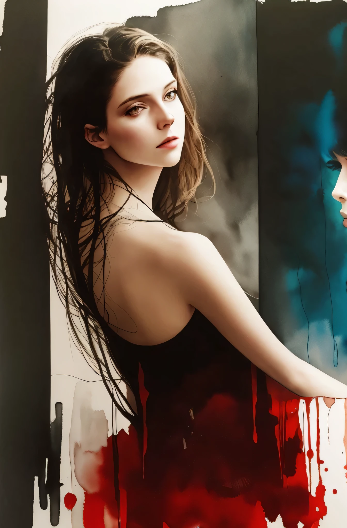 Watercolor Touch、a woman by agnes cecile, Towering forever, pale colours, ink drips, spot lights,Artistic,black and orange、mirror、