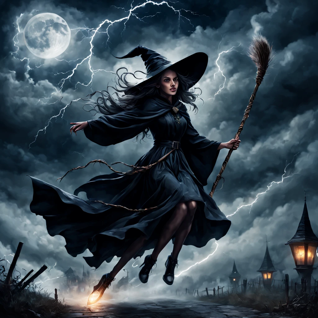 "(best quality,highres,realistic:1.37),scary witches flying on broomsticks, many witches, tense race above a cloud and thunderstorm-filled night sky, swirling ring of magic at the end, lightning outlining the course, full moon, mystical atmosphere, dramatic lighting, dark and eerie colors, witch hats and capes, hair flowing in the wind, intense expressions on their faces, intense focus and determination, broomsticks hovering in the air, crackling energy surrounding the broomsticks, ominous thunder and lightning, moonlight casting eerie shadows, mystical symbols in the sky, gusts of wind swirling around the witches, flying at high speed, competing for victory, anticipation and excitement, adrenaline-filled race, intense competition among witches, a thrilling and dangerous challenge, the world below disappearing in the darkness, stars twinkling in the night sky, the howling of the wind, clouds swirling ominously, wisps of fog adding to the eerie atmosphere, a sense of magic and mystery in the air."