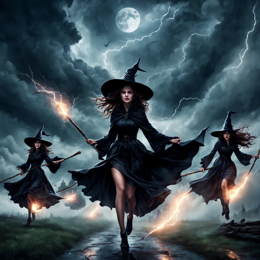 "(best quality,highres,realistic:1.37),scary witches flying on broomsticks, many witches flying on broomsticks, tense race above a cloud and thunderstorm-filled night sky, swirling ring of magic at the end, lightning outlining the course, full moon, mystical atmosphere, dramatic lighting, dark and eerie colors, witch hats and capes, hair flowing in the wind, intense expressions on their faces, intense focus and determination, broomsticks hovering in the air, crackling energy surrounding the broomsticks, ominous thunder and lightning, moonlight casting eerie shadows, mystical symbols in the sky, gusts of wind swirling around the witches, flying at high speed, competing for victory, anticipation and excitement, adrenaline-filled race, intense competition among witches, a thrilling and dangerous challenge, the world below disappearing in the darkness, stars twinkling in the night sky, the howling of the wind, clouds swirling ominously, wisps of fog adding to the eerie atmosphere, a sense of magic and mystery in the air."