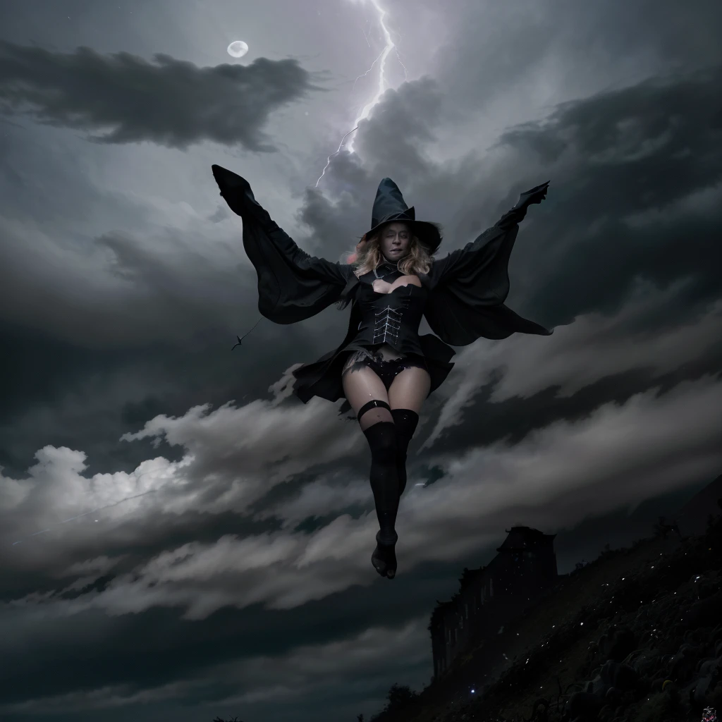 "(best quality,highres,realistic:1.37),scary witches flying on broomsticks, many witches, tense race above a cloud and thunderstorm-filled night sky, swirling ring of magic at the end, lightning outlining the course, full moon, mystical atmosphere, dramatic lighting, dark and eerie colors, witch hats and capes, hair flowing in the wind, intense expressions on their faces, intense focus and determination, broomsticks hovering in the air, crackling energy surrounding the broomsticks, ominous thunder and lightning, moonlight casting eerie shadows, mystical symbols in the sky, gusts of wind swirling around the witches, flying at high speed, competing for victory, anticipation and excitement, adrenaline-filled race, intense competition among witches, a thrilling and dangerous challenge, the world below disappearing in the darkness, stars twinkling in the night sky, the howling of the wind, clouds swirling ominously, wisps of fog adding to the eerie atmosphere, a sense of magic and mystery in the air."
