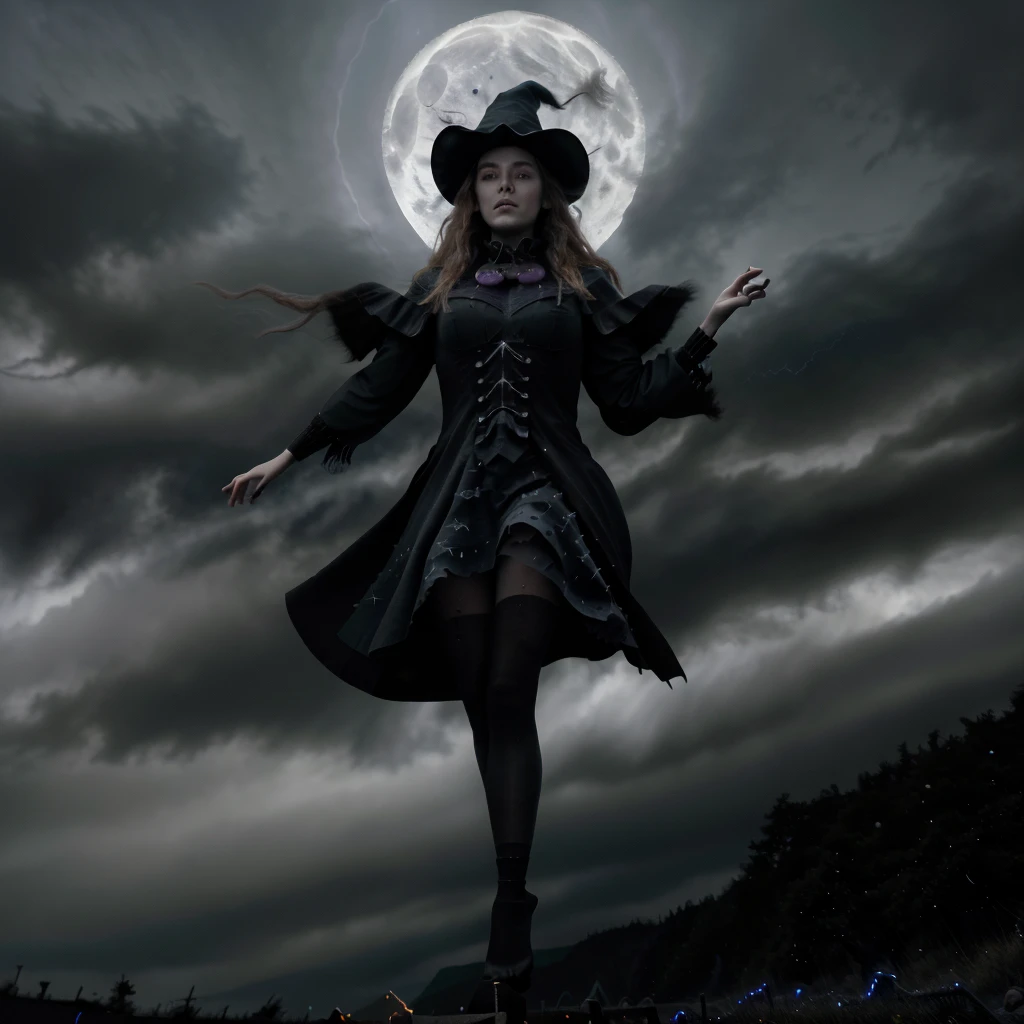 "(best quality,highres,realistic:1.37),scary witches flying on broomsticks, many witches, tense race above a cloud and thunderstorm-filled night sky, swirling ring of magic at the end, lightning outlining the course, full moon, mystical atmosphere, dramatic lighting, dark and eerie colors, witch hats and capes, hair flowing in the wind, intense expressions on their faces, intense focus and determination, broomsticks hovering in the air, crackling energy surrounding the broomsticks, ominous thunder and lightning, moonlight casting eerie shadows, mystical symbols in the sky, gusts of wind swirling around the witches, flying at high speed, competing for victory, anticipation and excitement, adrenaline-filled race, intense competition among witches, a thrilling and dangerous challenge, the world below disappearing in the darkness, stars twinkling in the night sky, the howling of the wind, clouds swirling ominously, wisps of fog adding to the eerie atmosphere, a sense of magic and mystery in the air."