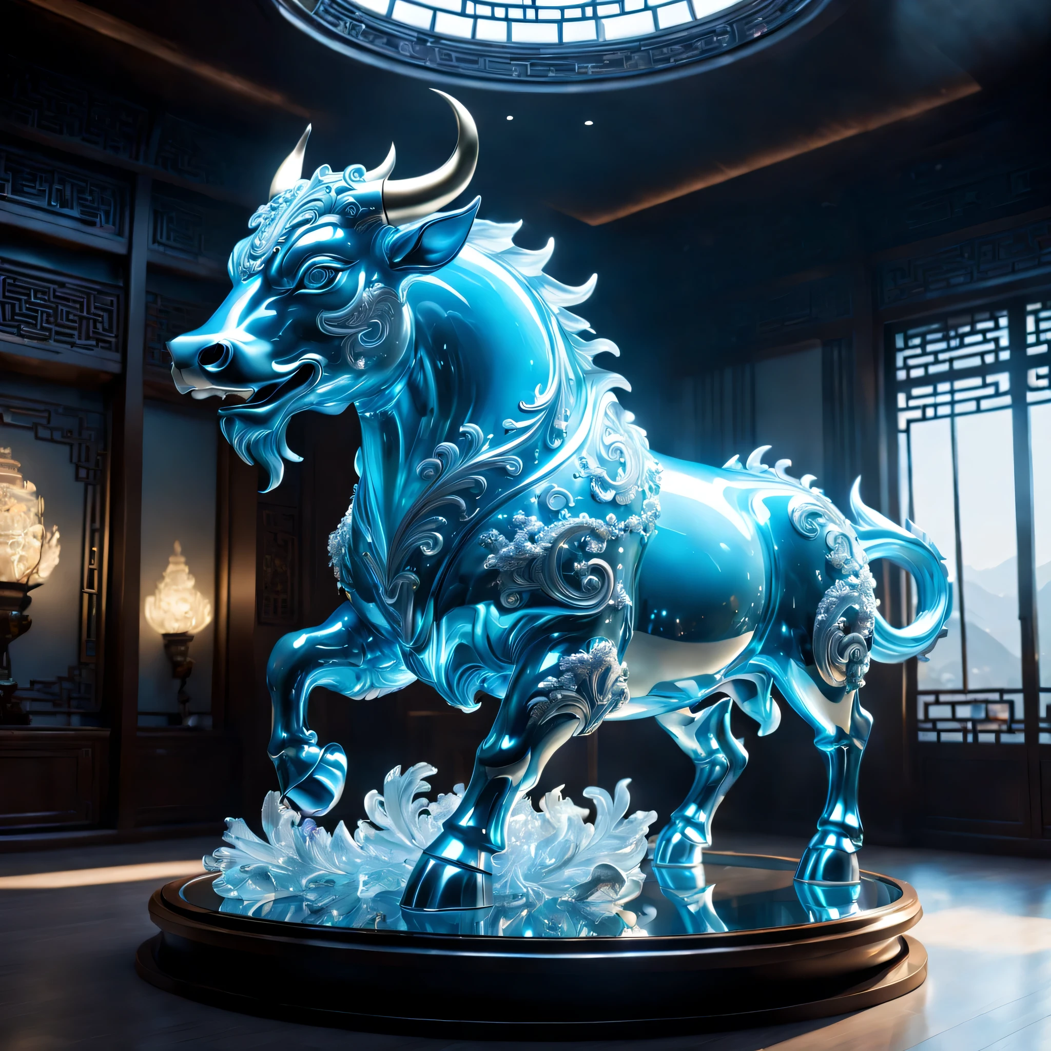 A dragon and a cow are displayed in an empty room, RococoStyle, Crystal nuclei, Realistic light depiction, interesting and complex, light blue, hidden academia, World pattern,The body of the vase is illuminated by light, RococoStyle, futuristic elements, Crystal nuclei, Chinese iconography, swirl, light blue, giant money sculpture, Futuristic fantasy style, light blue, An intricate underwater world, Realistic light depiction, clear colors, Crystal nuclei, Light cyan and white, An intricate underwater world风格, Crystal nuclei, chinapunk, swirl, light blue, Glowing portrait, light box,(best quality,4K,8k,high resolution,masterpiece:1.2),super detailed,(actual,realistically,lifelike:1.37),extremely detailed glass vase,There is a cow on it,super detailedscp神器可以,Complex and gorgeous anime CGI style,Exquisite renderings of the Tang Dynasty,Better than Paul and James Ginn,complex artwork. Guilty car rendering,Complex 8K rendering,8k vray rendering,rendering art,filled with glass. Computer Graphics Association,High quality rendering