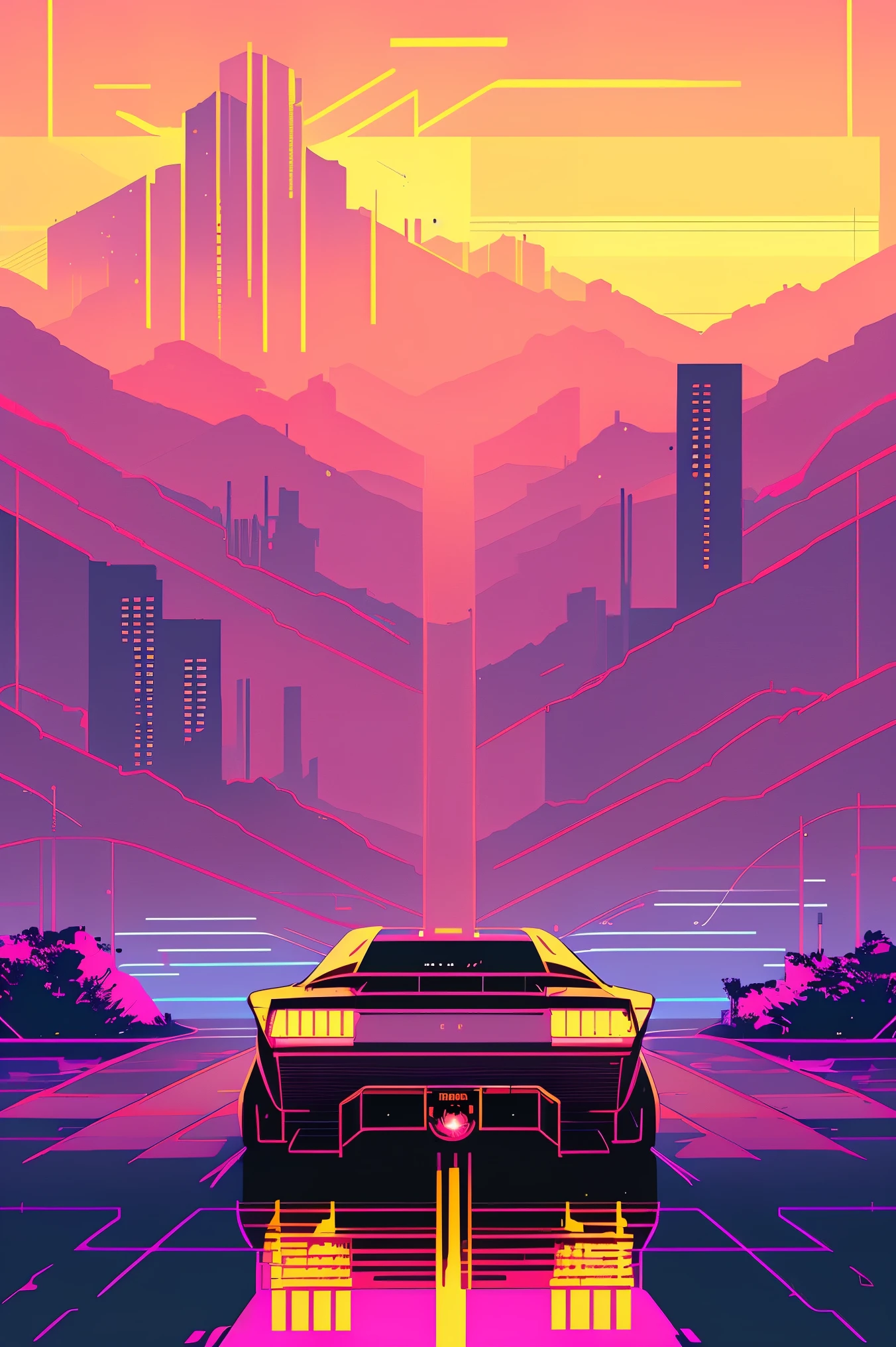 (nvinkpunk:1.2) (synthwve style:0.8) GTR , lightwave, sunset, intricate, highly detailed
