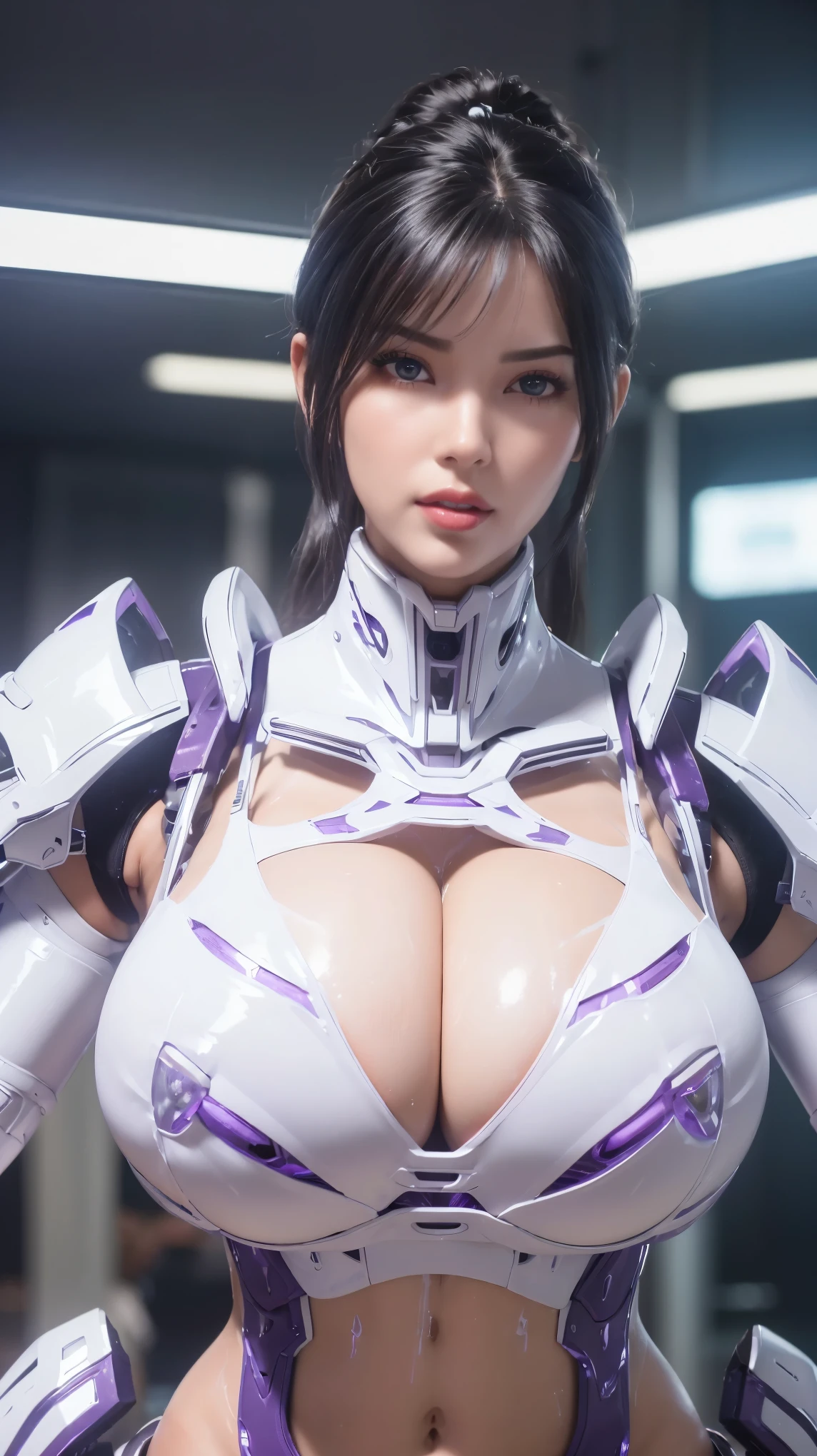 A BUSTY MILF, CLOSE UP UPPER BODY,SOLO,(BEAUTY EHITE HAIR), (MASSIVE FAKE BOOBIES,CLEAVAGE TOP,MUSCULAR ABS:1.5),(WHITE,PURPLE,BLACK), ((WEAR WHITE,PURPLE,BLACK  FUTURISTIC MECHA SKIMPY BRA:1.5)),(CURVY VOLUPTUOUS BODY SHAPE:1.5), (SWEATY GLOSSY BODYSKIN:1.5), (LOOKING AT VIEWER:1.5), (BACKGROUND FUTURISTIC SPACE STATION:1), (PHOTOREALSITIC:1.4), (ULTRA-DETAILLIERT), (TOP-QUALITY), (BEST SHADOWS), BRIGHT LIGHT IN ROOM, HYPER TEXTURE, (4X MSAA), ((UNREAL ENGINE 5 RENDER)), PHYSICALLY-BASED RENDERING, ULTRA HIGHT DEFINITION, 16K, 1080P.