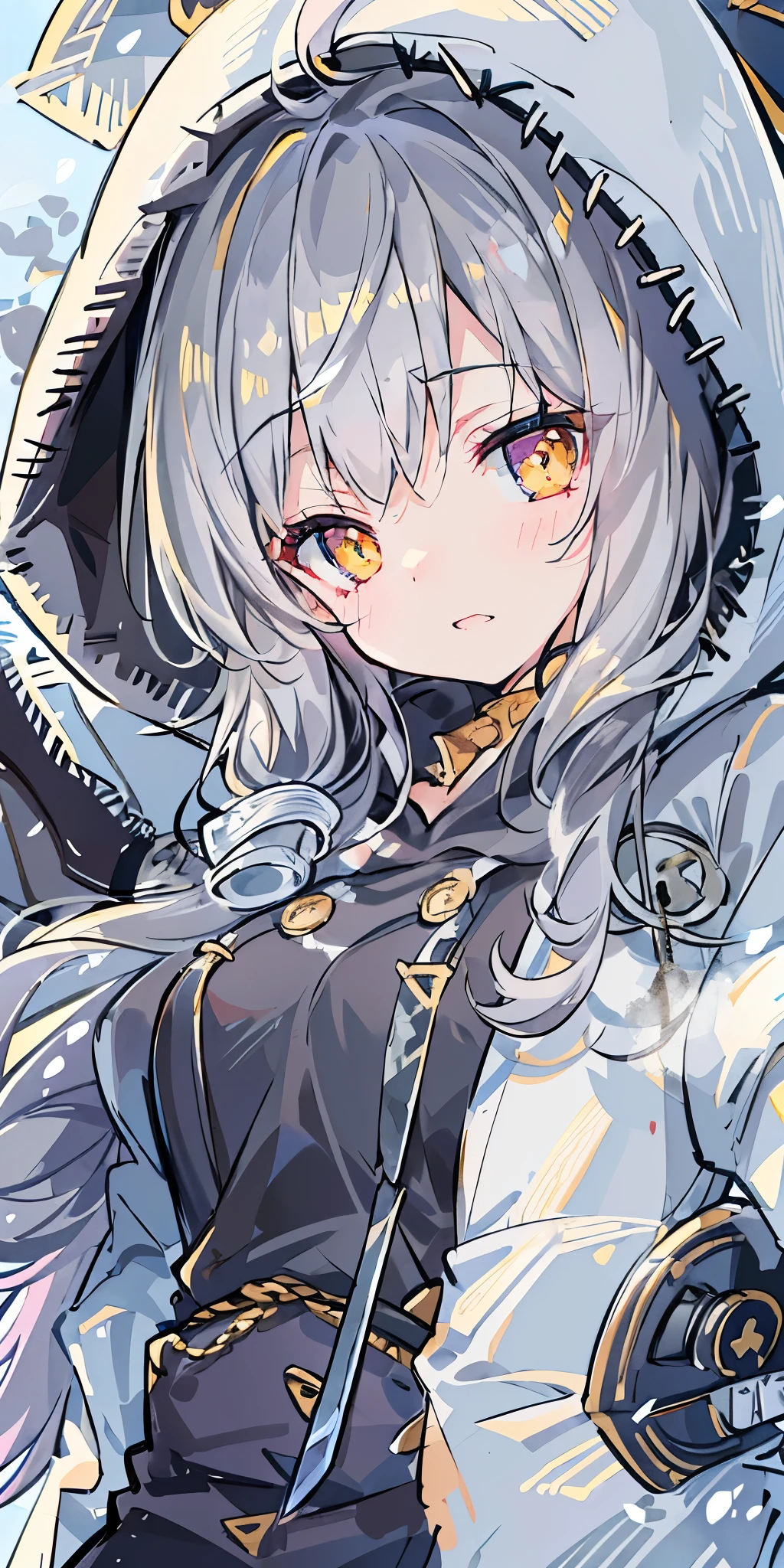 long hair、cute、white stockings、Heart-shaped pupils、solo、gray hair、winter、snow、outdoor、(((golden eyes)))、Ahoge、(((Black hoodie)))、head covering、With weapons、(((((battle)))))、 cold look、 Filmography、 ((((((knife))))))、 village、((((Show the whole body))))、
