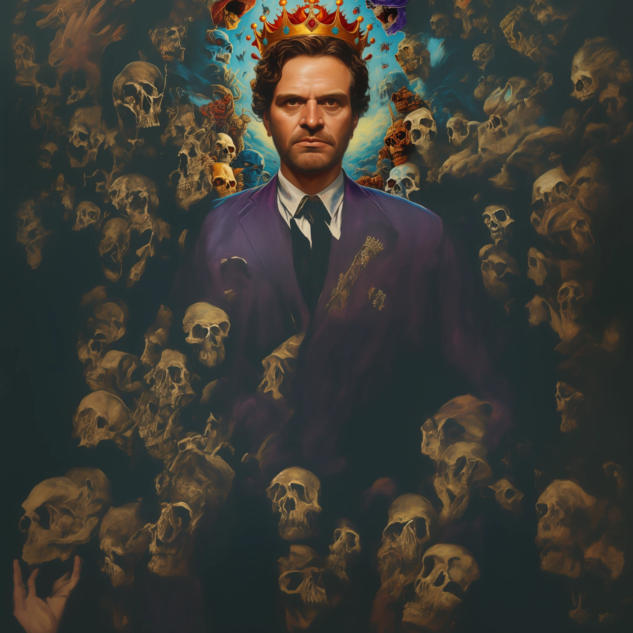 (best quality,highres), a man with a crown on his head, in front of a painting of skulls, skulls on the wall, Benjamin Marra, key art, a character portrait, pop surrealism