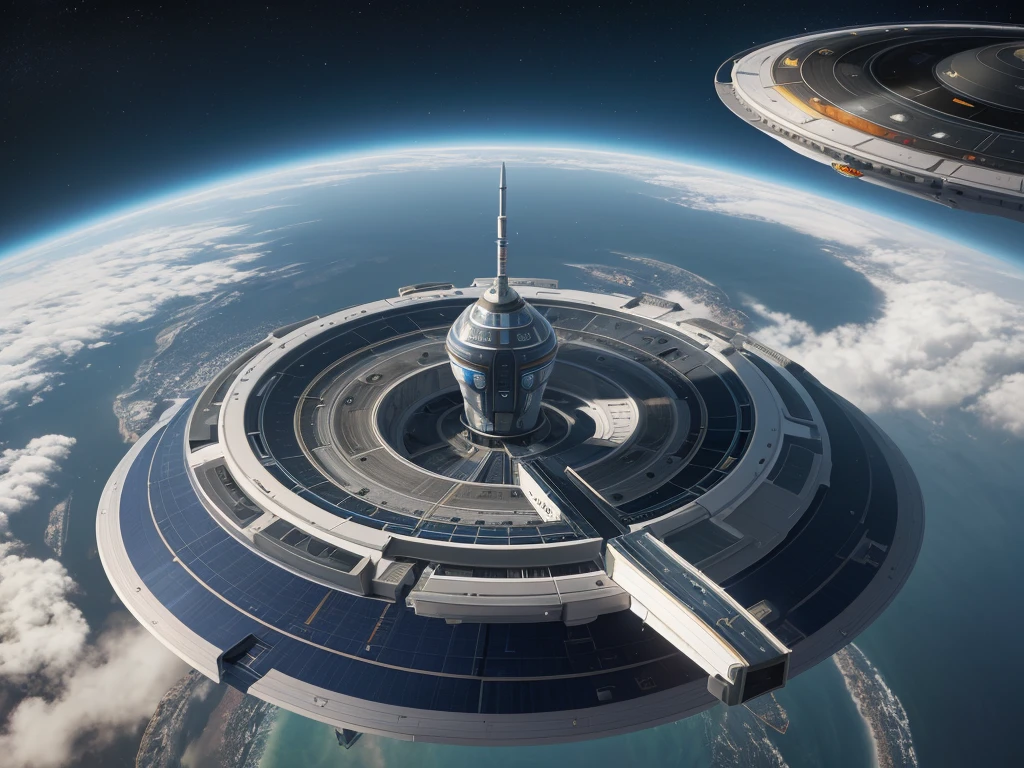 Circular spaceship, cylindrical deck in center, space vastness in background, tilted at an angle, isometric view, science fiction, fantasy, 8k image.
