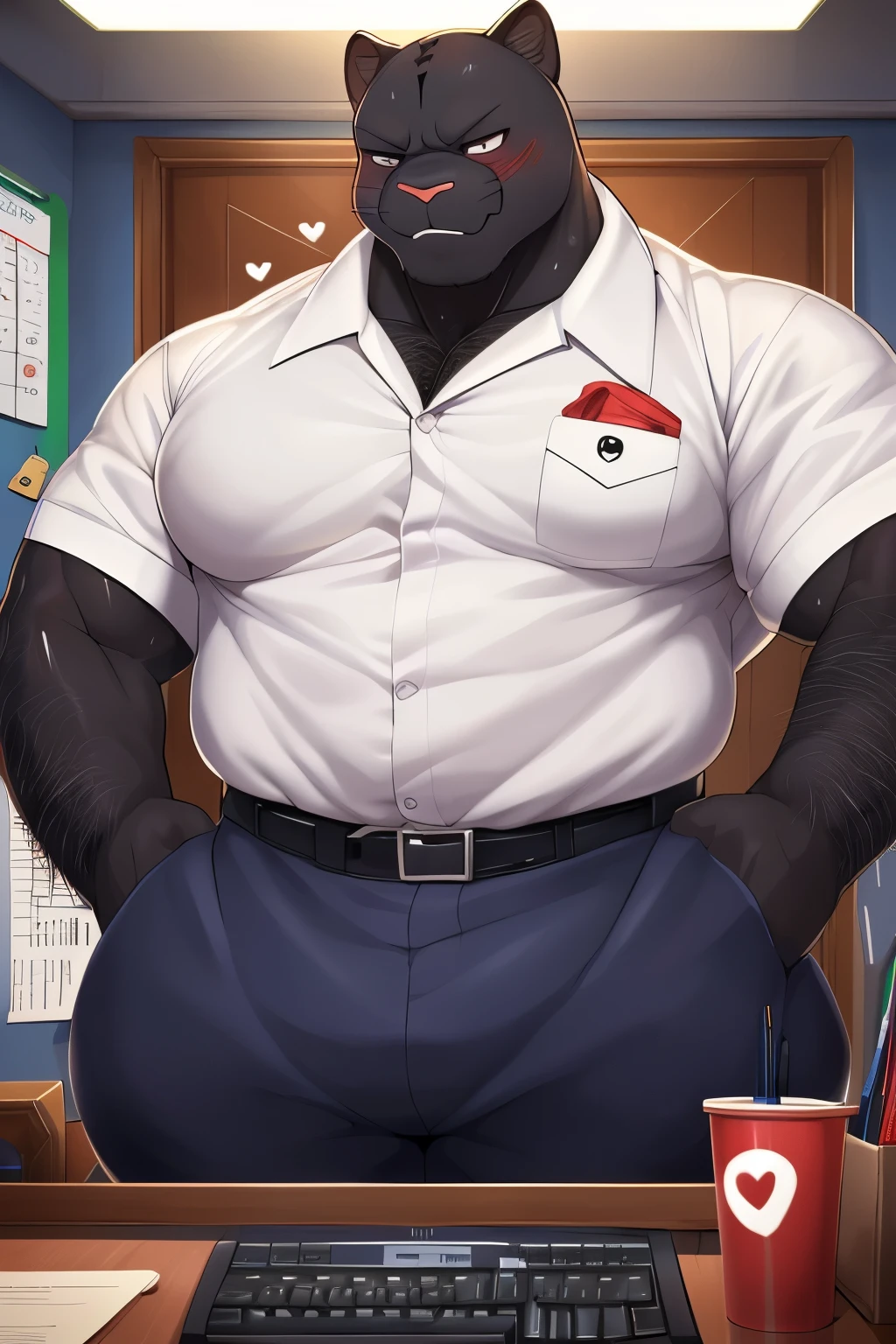 male gorilla, muscular athletic, naked, posing sensually, wearing a formal suit with his pants down showing his erect penis, unbuttoned shirt revealing his torso, during the day, in the office, NSFW, whole body, well detailed, Good quality, big body