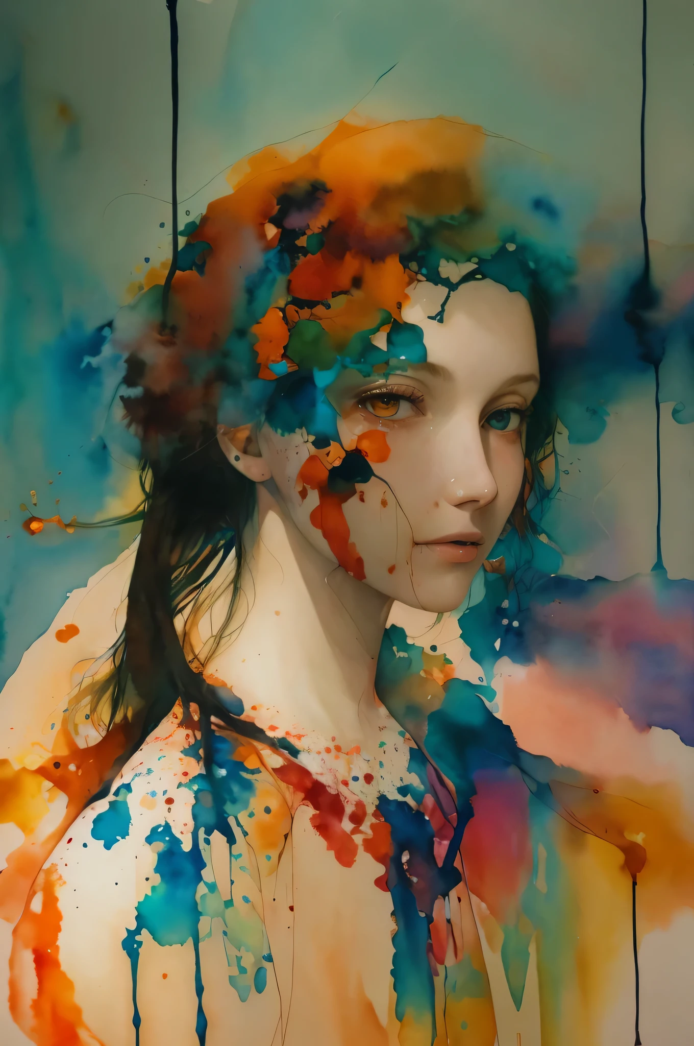 Watercolor Touch、a woman by agnes cecile, Towering forever, pale  colours, ink drips, spot lights,Artistic,black and orange、mirror、