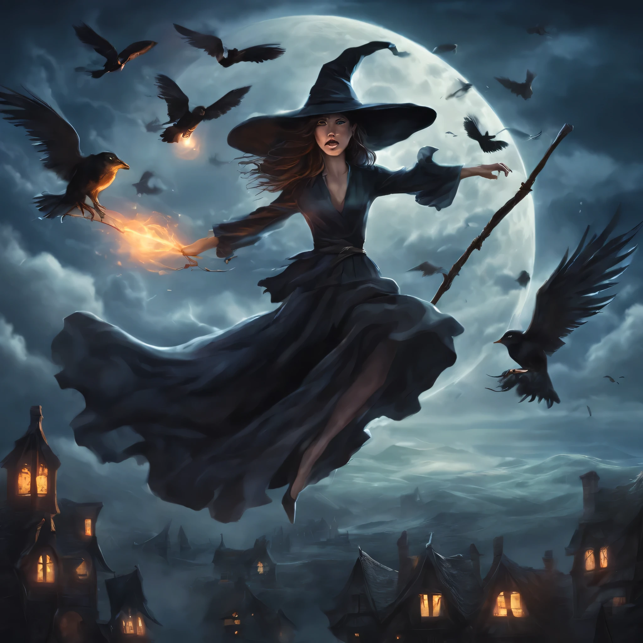"(best quality,highres,realistic:1.37),scary witches flying on broomsticks, many witches, tense race above a cloud and thunderstorm-filled night sky, swirling ring of magic at the end, lightning outlining the course, full moon, mystical atmosphere, dramatic lighting, dark and eerie colors, witch hats and capes, hair flowing in the wind, intense expressions on their faces, intense focus and determination, broomsticks hovering in the air, crackling energy surrounding the broomsticks, ominous thunder and lightning, moonlight casting eerie shadows, mystical symbols in the sky, gusts of wind swirling around the witches, flying at high speed, competing for victory, anticipation and excitement, adrenaline-filled race, intense competition among witches, a thrilling and dangerous challenge, the world below disappearing in the darkness, stars twinkling in the night sky, the howling of the wind, clouds swirling ominously, wisps of fog adding to the eerie atmosphere, a sense of magic and mystery in the air."