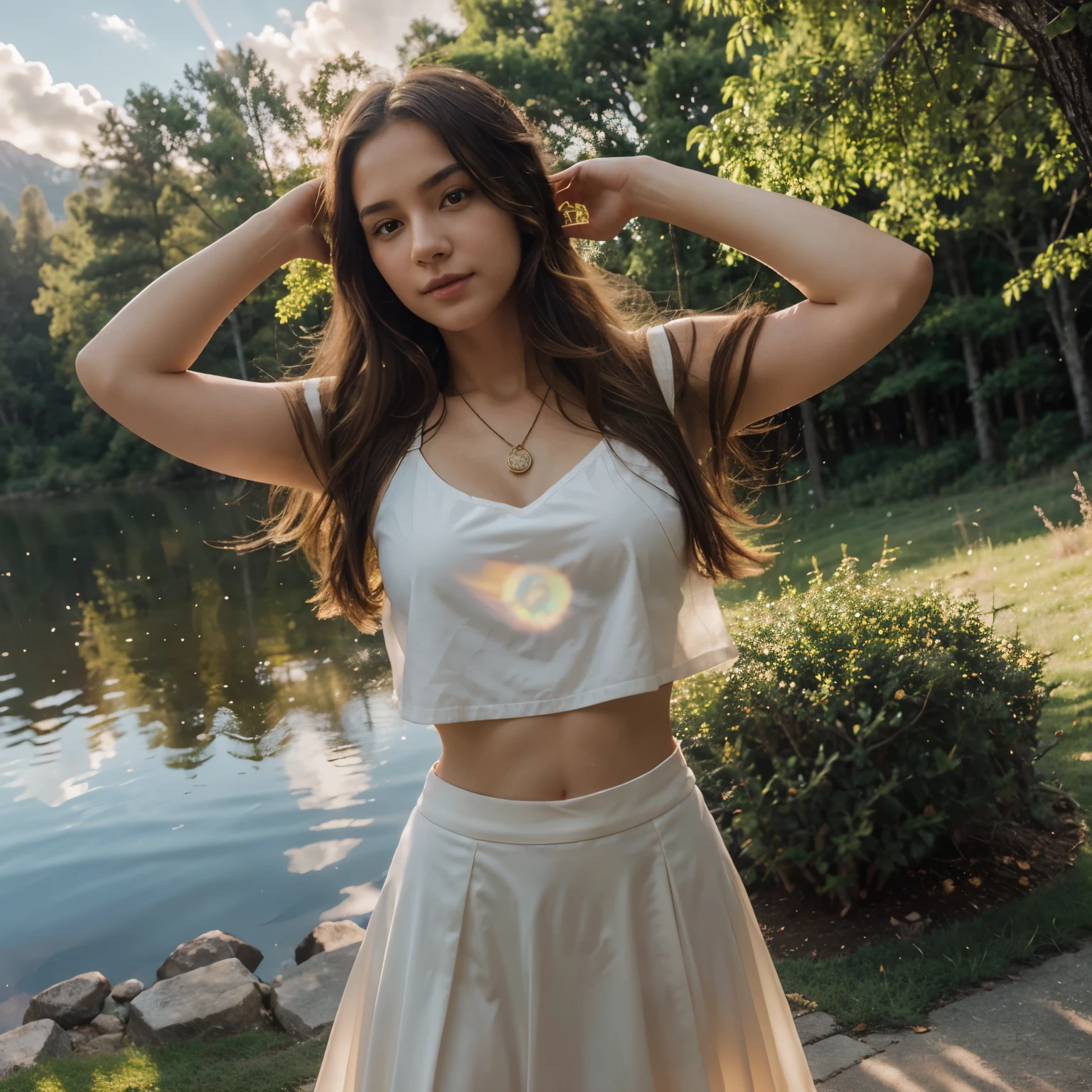 1 girl, happy expression, charming eyes, straight long hair, flowing skirt, big, looking at the sun, calm posture, porcelain-like skin, subtle blush, crystal pendant BREAK Golden Hour, (edge lighting): 1.2, cool colors, sun flare, soft shadows, bright colors, painting effects, fantastic atmosphere BREAK Scenic lakes, distant mountains, pine trees, mountain tops, reflections, sunlit clouds, tranquil atmosphere, idyllic sunrise, Ultra detailed, official art, unified 8k wallpapers, zentangle, mandala