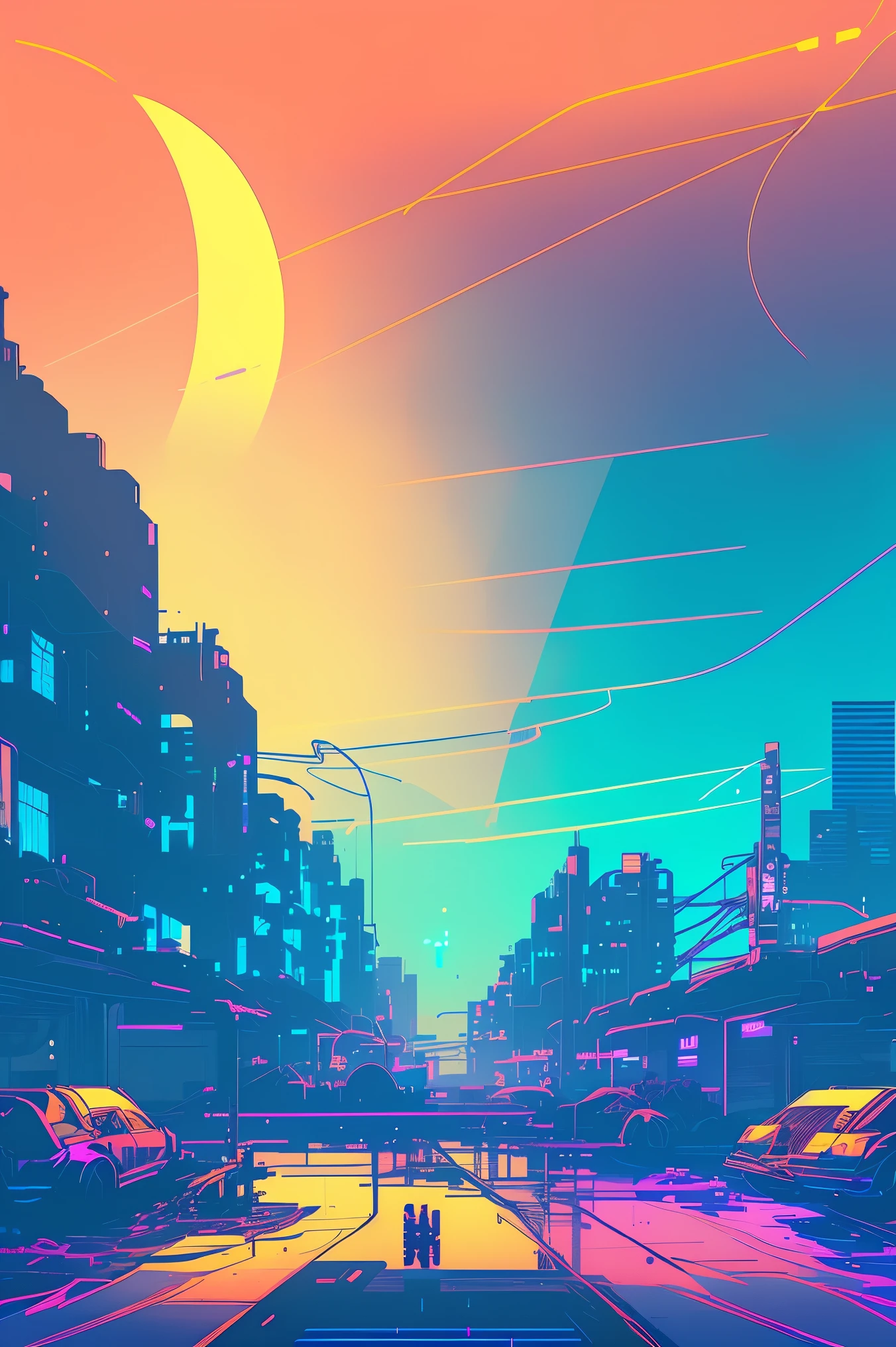 (nvinkpunk:1.2) (synthwve style:0.8) Beach, lightwave, sunset, intricate, highly detailed