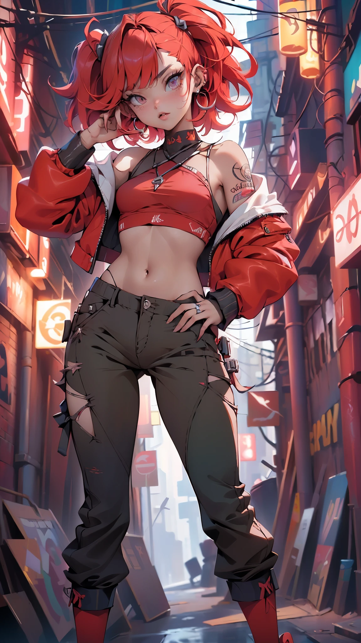 (La mejor calidad,A high resolution,Ultra - detallado,actual),Ariana Grande, cyber style , solo, Cabello rosa largo y desordenado, tatuaje tribal, (PANTALONES ROJOS HOLGADOS:1.4), fondo borroso,,More detailed 8K.motor irreal:1.4,UHD,La mejor calidad:1.4, fotorrealista:1.4, textura de la piel:1.4, obra maestra:1.8,obra-prima, mejor calidad,objeto Objeto], (detailed face features:1.3), (ciberpunk 2.1),(convexo dedos detallados), (pantalon color rojo:1.4), (perfect anatomy),( pose vaquero), (non mutation anatomy) 