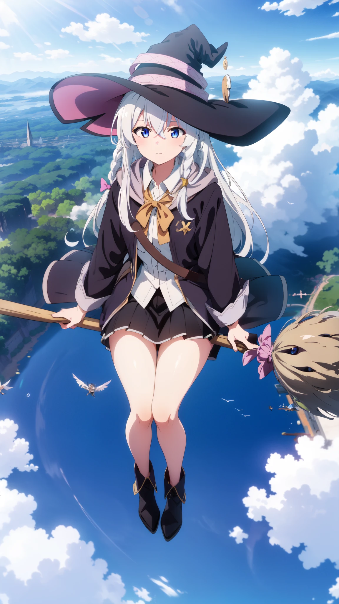multiple girls, Elaina sits on a broom, floating, (aerial view:1.3), (fly at high speed:1.3), above cloud, sky, obstacle course, absurdres, highres, beautiful, best quality, long hair, blue eyes, white hair, witch hat, hair bow, braid, black robe, black skirt, shiny eyes