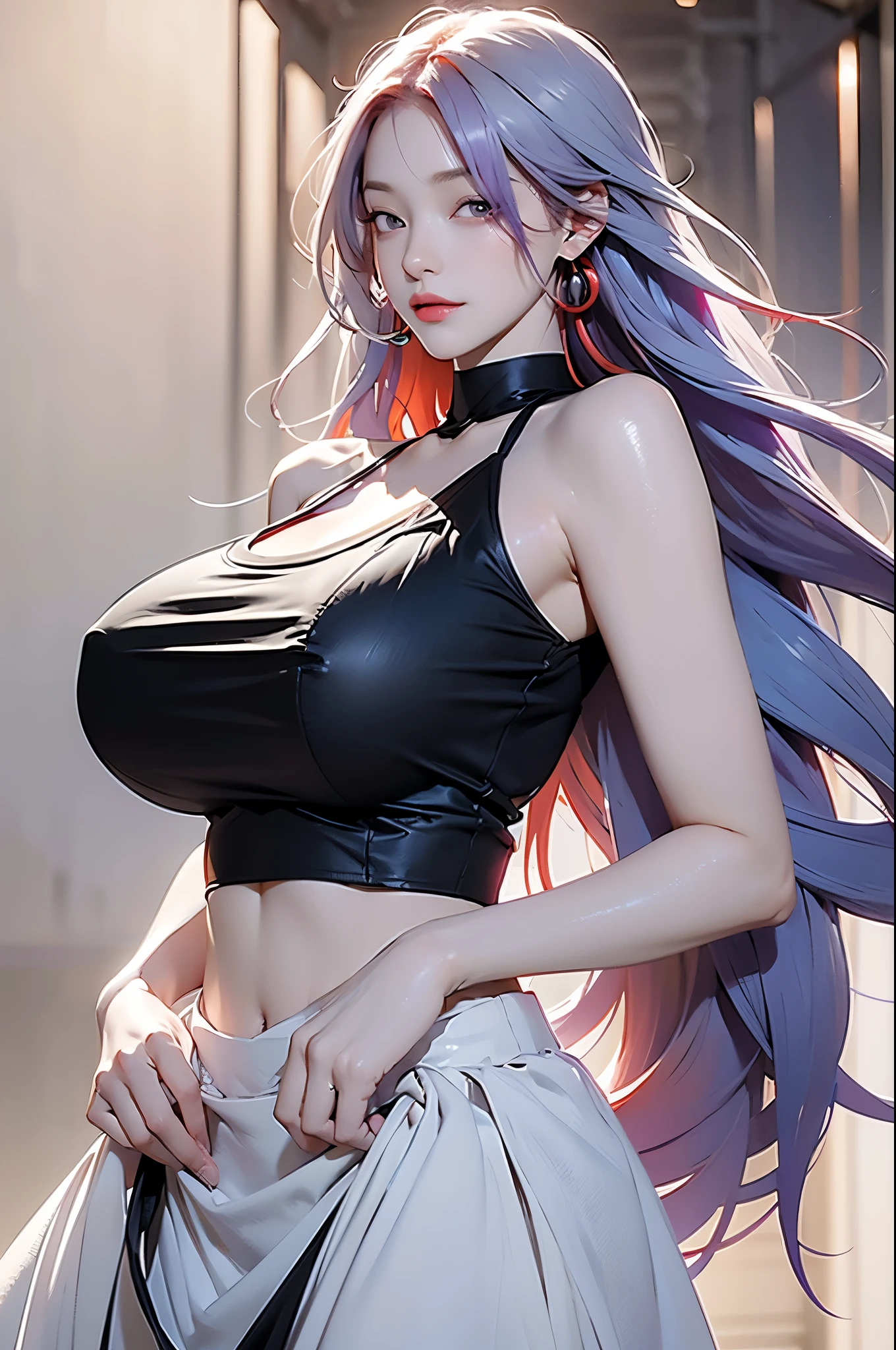 masterpiece, best quality, high resolution, 1 girl, Colored hair, hair covering one eye, Red hair, multicoloRed hair, long hair, purple eyes, bicolor hair, hair ring, earphone, white hair, , Bangs, very long hair, medium breasts, black skirt,(huge breasts:1.2),wet skin