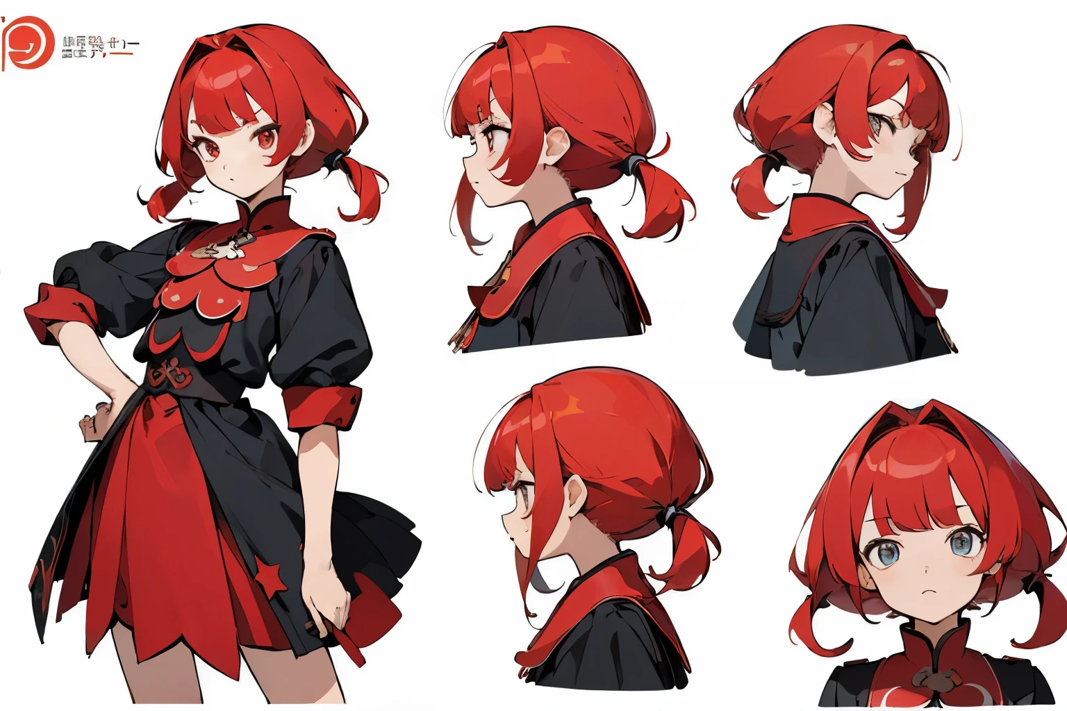 ((masterpiece)),(((best quality))),(character design sheet, same character, front, side, back), illustration, 1 girl, red hair color, bangs, hairstyle fax, eyes, environment change scene, Hairstyle Fax, Pose Zitai, Female, Star, Charturnbetalora, (simple background, white background: 1.3)