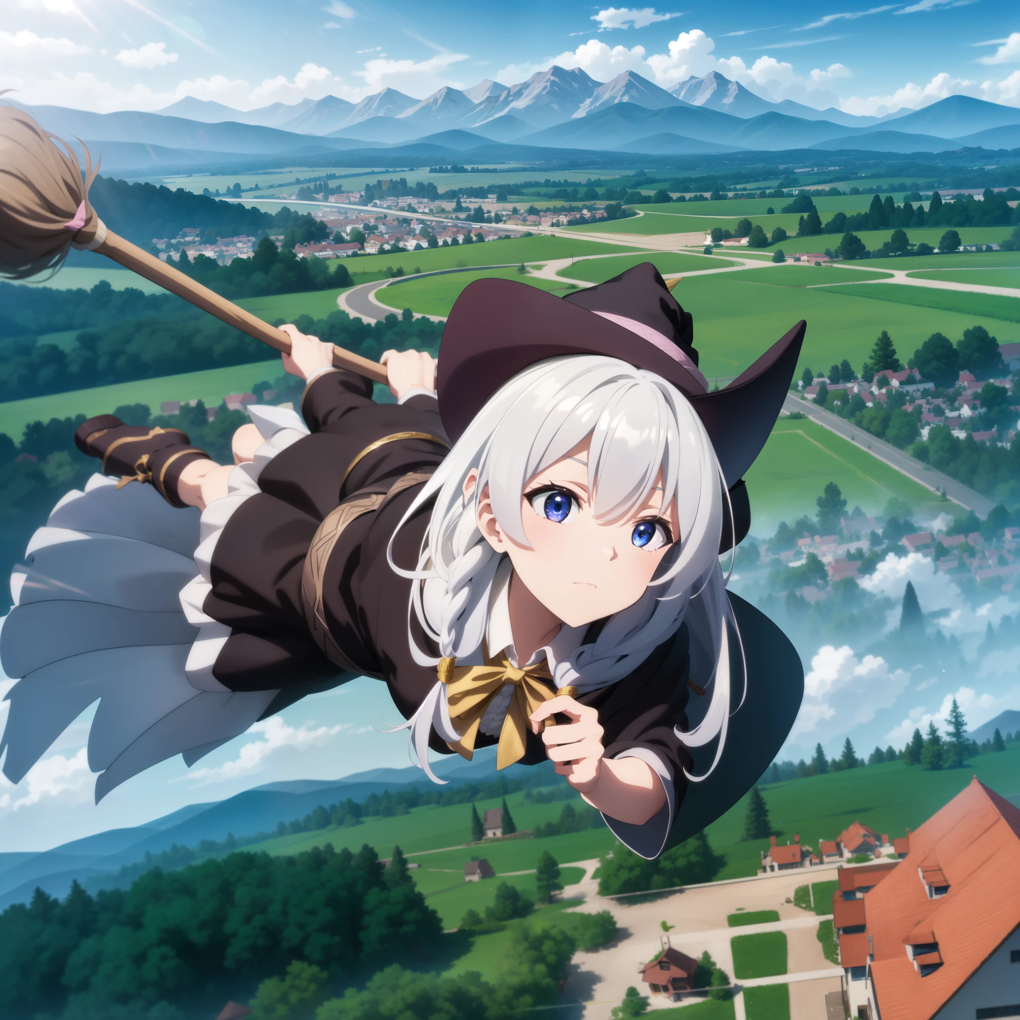 multiple girls, Elaina sits on a broom, floating, (aerial view:1.3), (fly at high speed:1.3), above cloud, sky, obstacle course, absurdres, highres, beautiful, best quality, long hair, blue eyes, white hair, witch hat, hair bow, braid, black robe, black skirt, shiny eyes