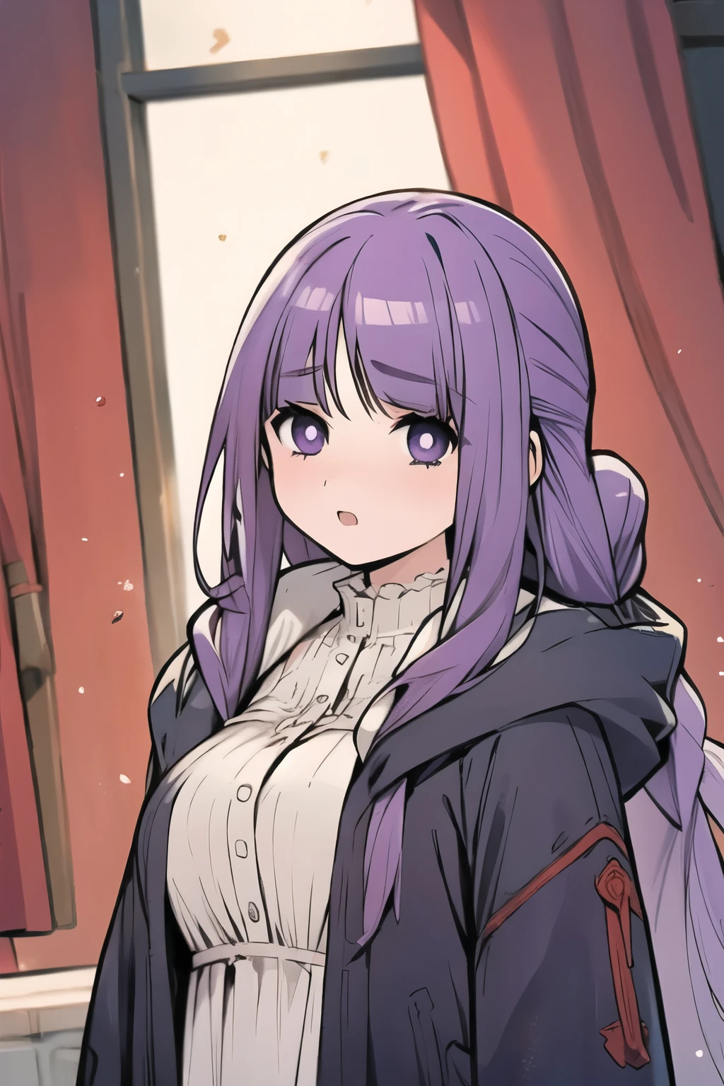 (best quality:1.3),(masterpiece:1.3),(illustration:1.3),(ultra-detailed:1.3),(imid shot:0.9), solo,
BREAK, annoyed, long hair, bangs, (purple eyes:1.1), purple hair, sidelocks, blunt bangs, bright pupils, half updo, BREAK shirt, dress, jacket, white shirt, open clothes, hood, white dress, long hood down,
BREAK, 1girl, big breast , looking at viewer, masterpiece, standing, flow below, purple hair, (purple eyes:1.2),
BREAK, fern, yo, unhappy, annoyed