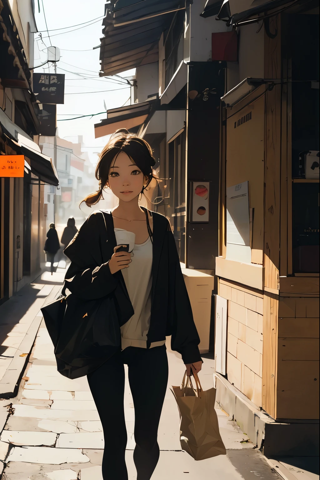 Cold Winter , Wearing a beige shoulder bag and holding a plastic bag containing a gift in one hand, I walk towards Canera on the main street with a happy heart..,(지나가는 차vivid colors, soft focus, Light leakage, dreamy atmosphere, experimental charm, 레트로한 매력 break Color 필드 페인팅, A variety of colors, abstract expressionism, bold hues, emotional impact, atmospheric depth, Minimalistic approach BREAK, Beautiful woman, UHD (ultra detail) Observations from viewers wearing hip-hop style street black padding, another, Color, long brown hair tied together, Cheveux très Colors 🌈, dark clothes, White stardust in dark areas, absurd, high resolution, very detailed, (1 woman : 1.1), vivid colors, soft focus, Light leakage, dreamy atmosphere,