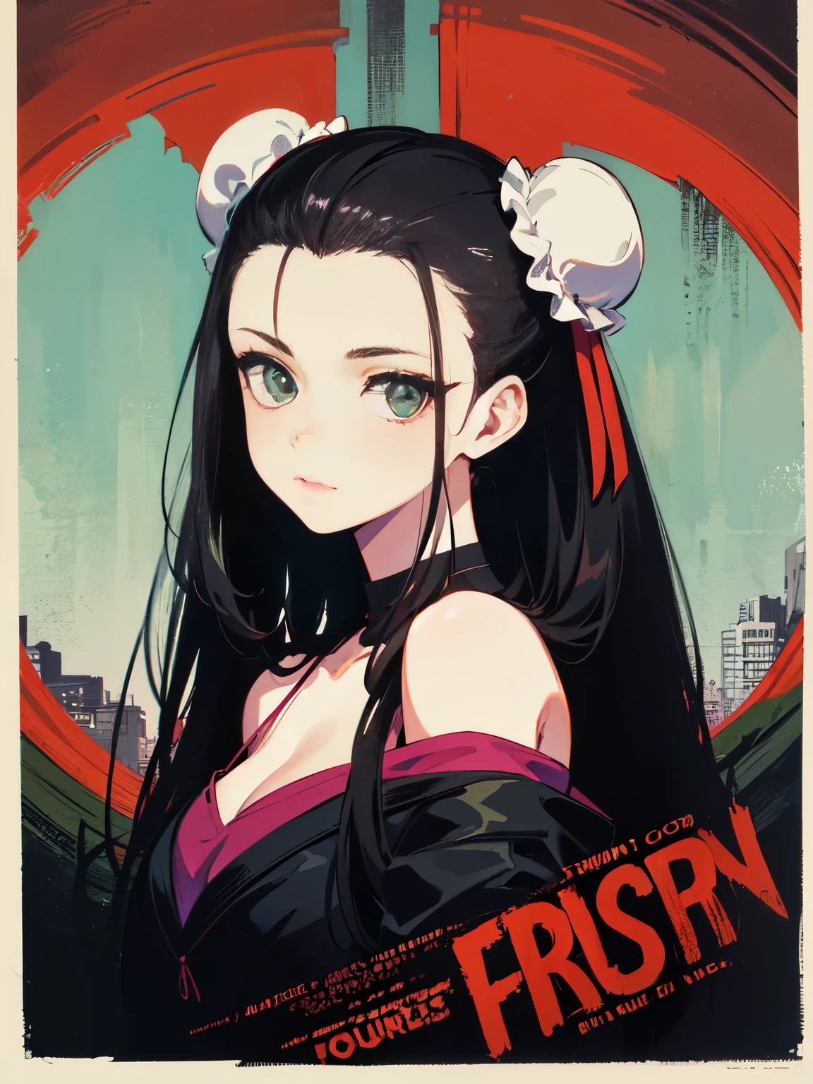 master piece、high resolution、1 girl、horror、suspense fiction,horror映画,movie poster,Movie Quotes,1980s movie references, ((two bun hair)) Long hair in two buns, ((slicked back hairstyle))、Forehead is exposed.、black hair、green eyes、