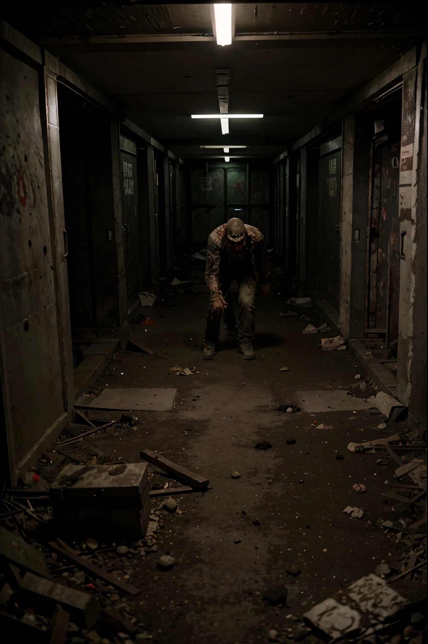 Rotting zombie horde inside dark underground bomb shelter. Horror. Photorealistic, 4K, Nikon.
