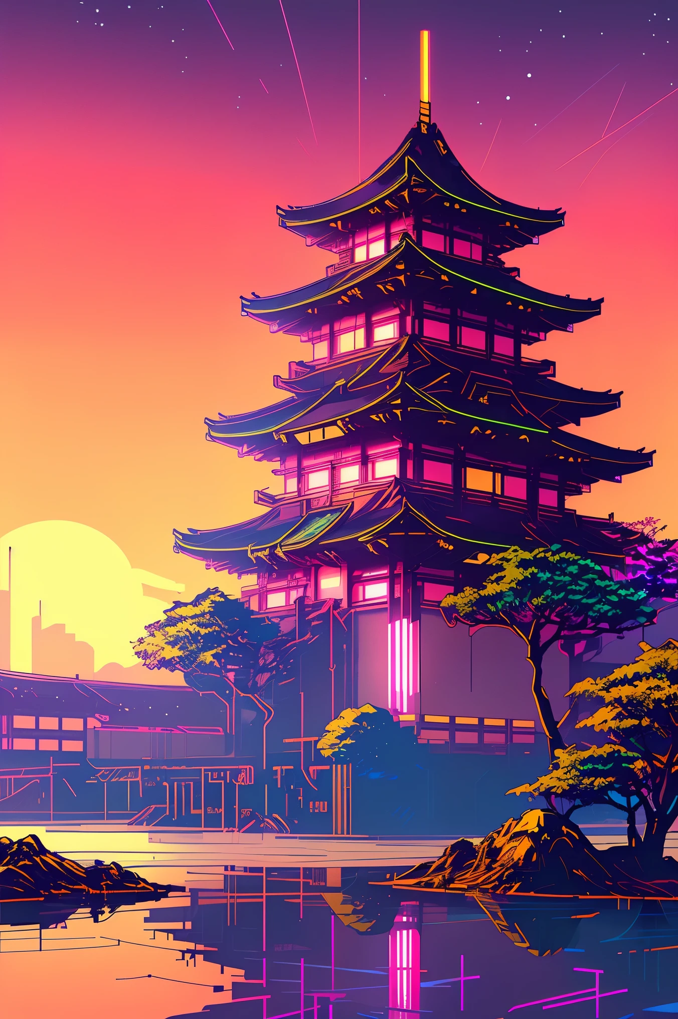 (nvinkpunk:1.2) (synthwve style:0.8) Japan temple, lightwave, sunset, intricate, highly detailed