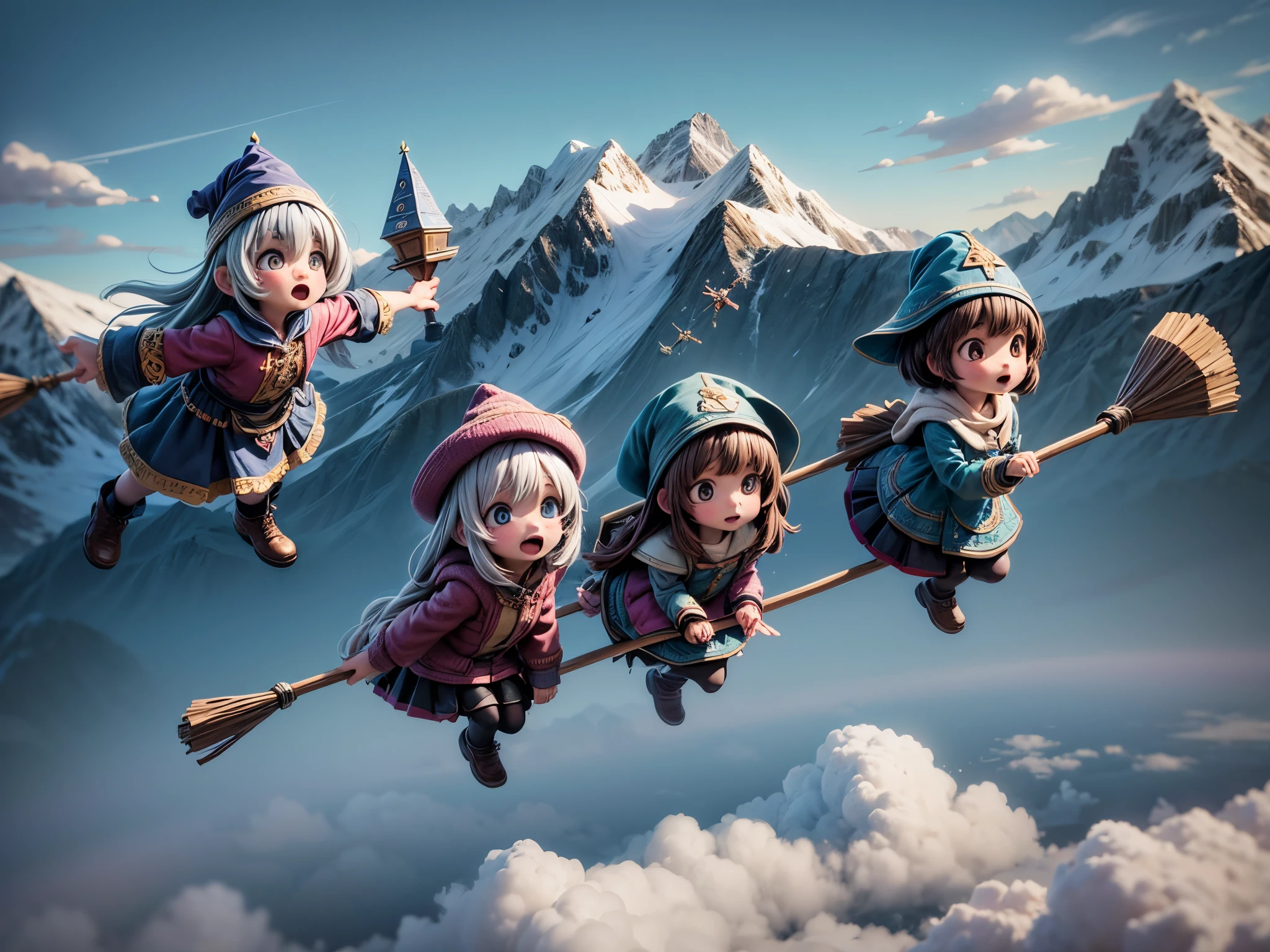 Three wizard girls are ((flying over the sky)) on broomsticks, high mountains and clouds in the background 