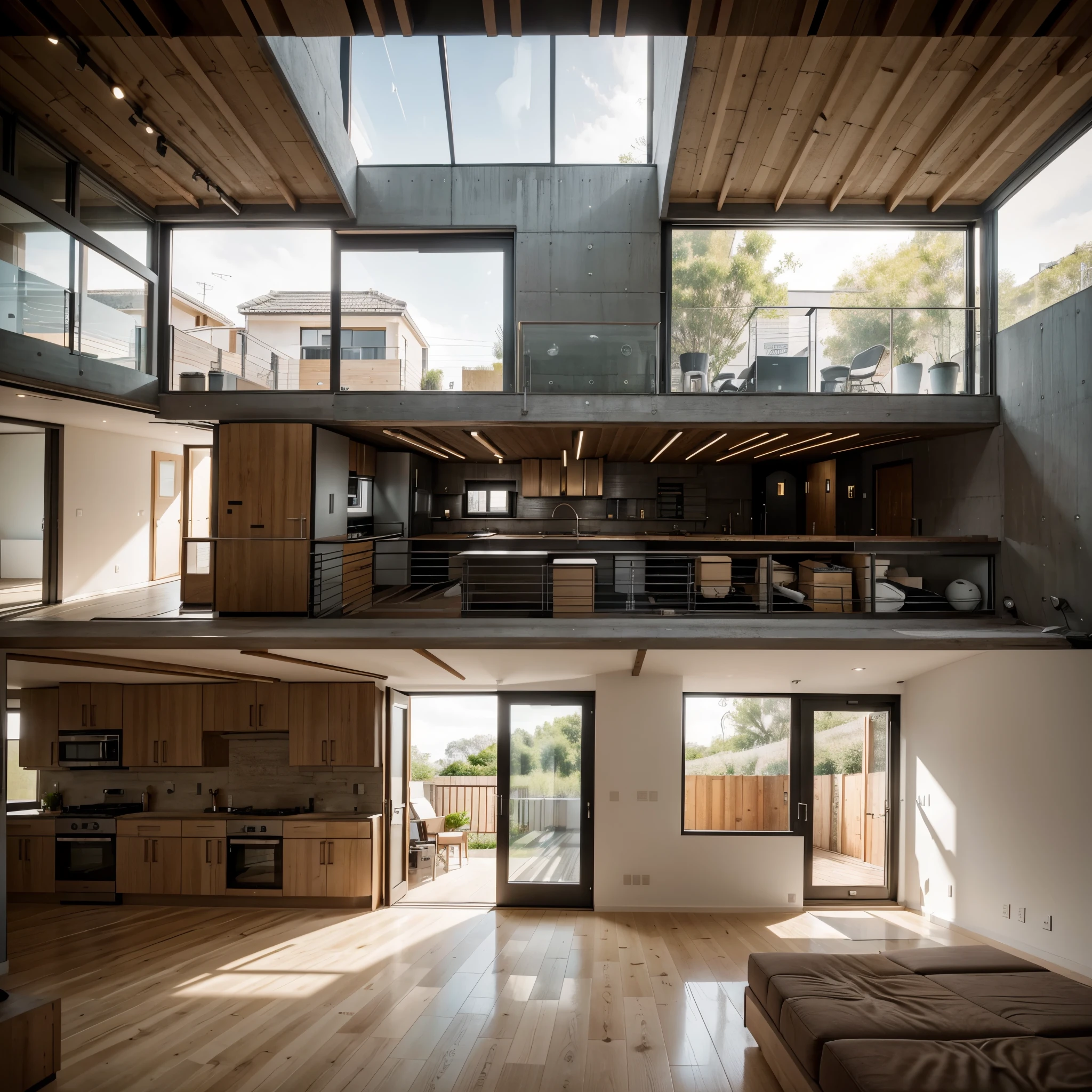 2500 x 2500 pixels wide diagonal interior view of a full plan image of minimalistic industrial open plan small modern house, not too big. using exposed concrete wall, steel, woods as it's main materials and a half floor mezzanine library. scandinavian furniture. the house has big window walls with a lot of natural moody golden hour lightings. the image shows a living room, a kitchen, an upper floor, a view to the backyard and the main entrance to the house