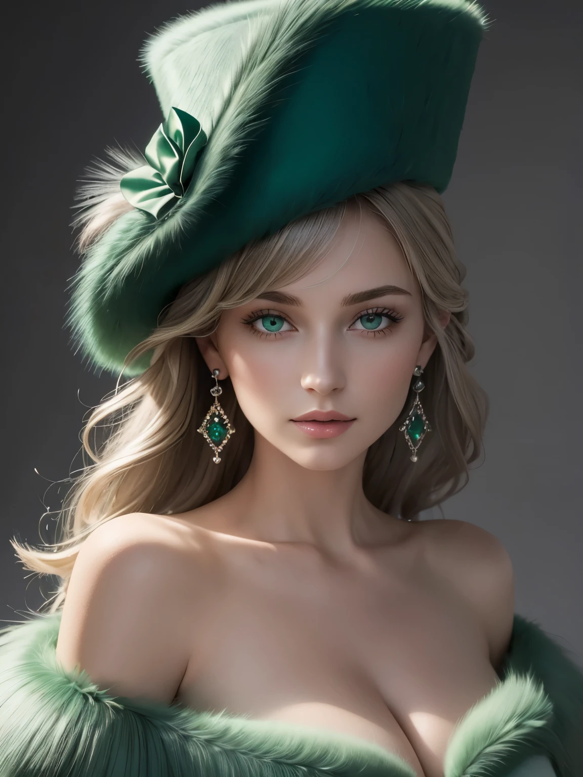 (masterpiece, highest quality, photo realistic, High resolution, photograph, :1.3), close up shot, sharp focus, (1 girl, european girl, Featured models), realistic skin, (slim body shape), Platinum-colored side sweep shorthair, highly detailed hair, delicate face, glossy lips, a close up of a woman wearing a Light Green hat and earrings, sleek dark fur, Light Green Fur, Russian style, very beautiful fur, fine fur, Dasha Taran, dark fur, Fur details, top hat, Anastasia Ovchinnikova, Light Green hat, synthetic fur, Elena Belova, wearing a top hat, Julia Gorokhova,Beautiful maturation,