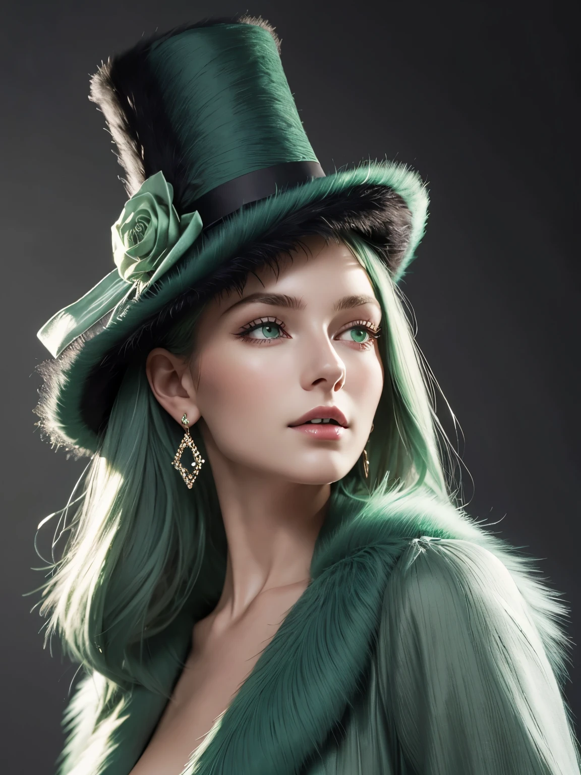 (masterpiece, highest quality, photo realistic, High resolution, photograph, :1.3), close up shot, sharp focus, (1 girl, european girl, Featured models), realistic skin, (slim body shape), Platinum-colored side sweep shorthair, highly detailed hair, delicate face, glossy lips, a close up of a woman wearing a Light Green hat and earrings, sleek dark fur, Light Green Fur, Russian style, very beautiful fur, fine fur, Dasha Taran, dark fur, Fur details, top hat, Anastasia Ovchinnikova, Light Green hat, synthetic fur, Elena Belova, wearing a top hat, Julia Gorokhova,Beautiful maturation,