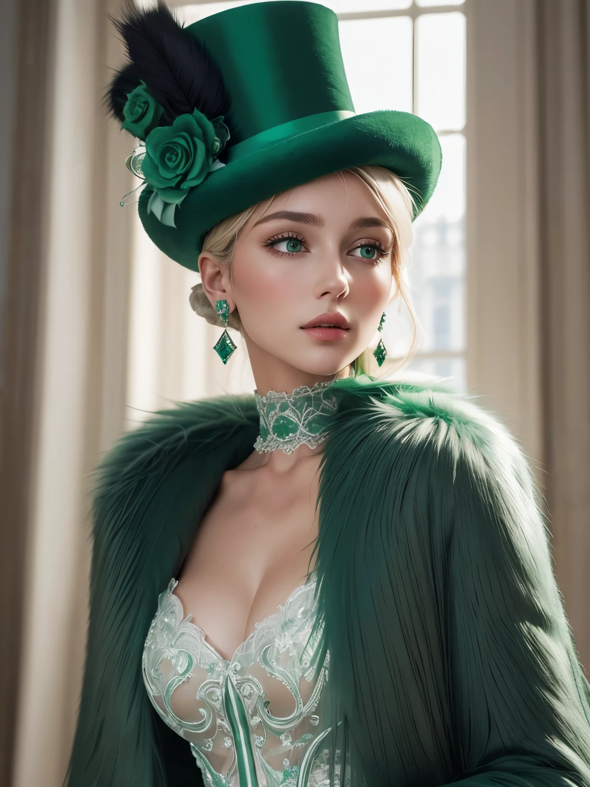 (masterpiece, highest quality, photo realistic, High resolution, photograph, :1.3), close up shot, sharp focus, (1 girl, european girl, Featured models), realistic skin, (slim body shape), Platinum-colored side sweep shorthair, highly detailed hair, delicate face, glossy lips, a close up of a woman wearing a Light Green hat and earrings, sleek dark fur, Light Green Fur, Russian style, very beautiful fur, fine fur, Dasha Taran, dark fur, Fur details, top hat, Anastasia Ovchinnikova, Light Green hat, synthetic fur, Elena Belova, wearing a top hat, Julia Gorokhova,Beautiful maturation,