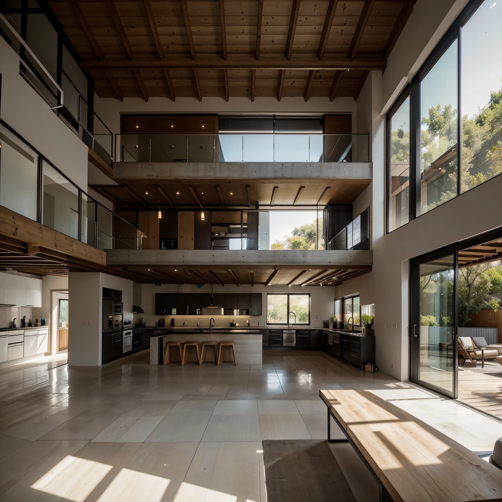 2500 x 2500 pixels wide diagonal interior view of a full plan image of minimalistic industrial open plan small modern house, not too big. using exposed concrete wall, steel, woods as it's main materials and a half floor mezzanine library. scandinavian furniture. the house has big window walls with a lot of natural moody golden hour lightings. the image shows a living room, a kitchen, an upper floor, a view to the backyard and the main entrance to the house
